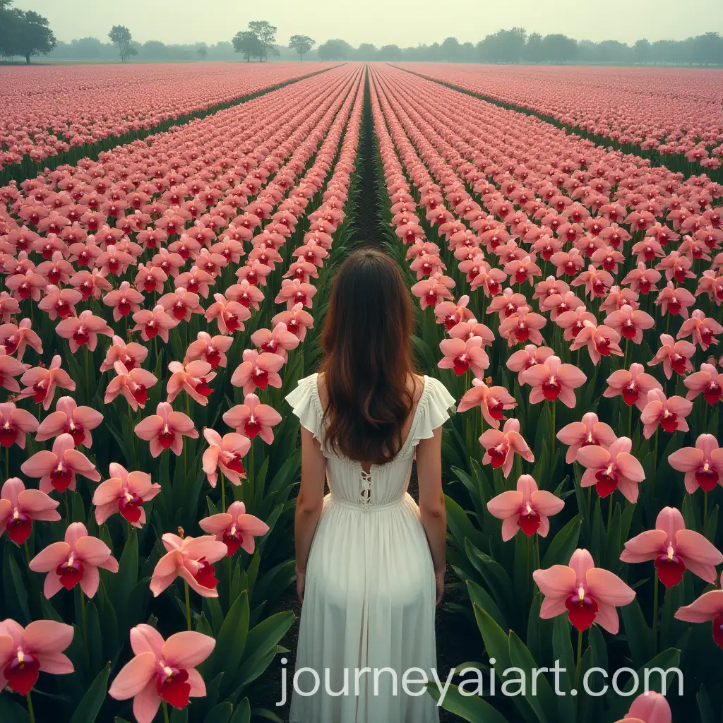 Woman-in-White-Dress-Lying-in-Endless-Orchid-Field-View-from-Above
