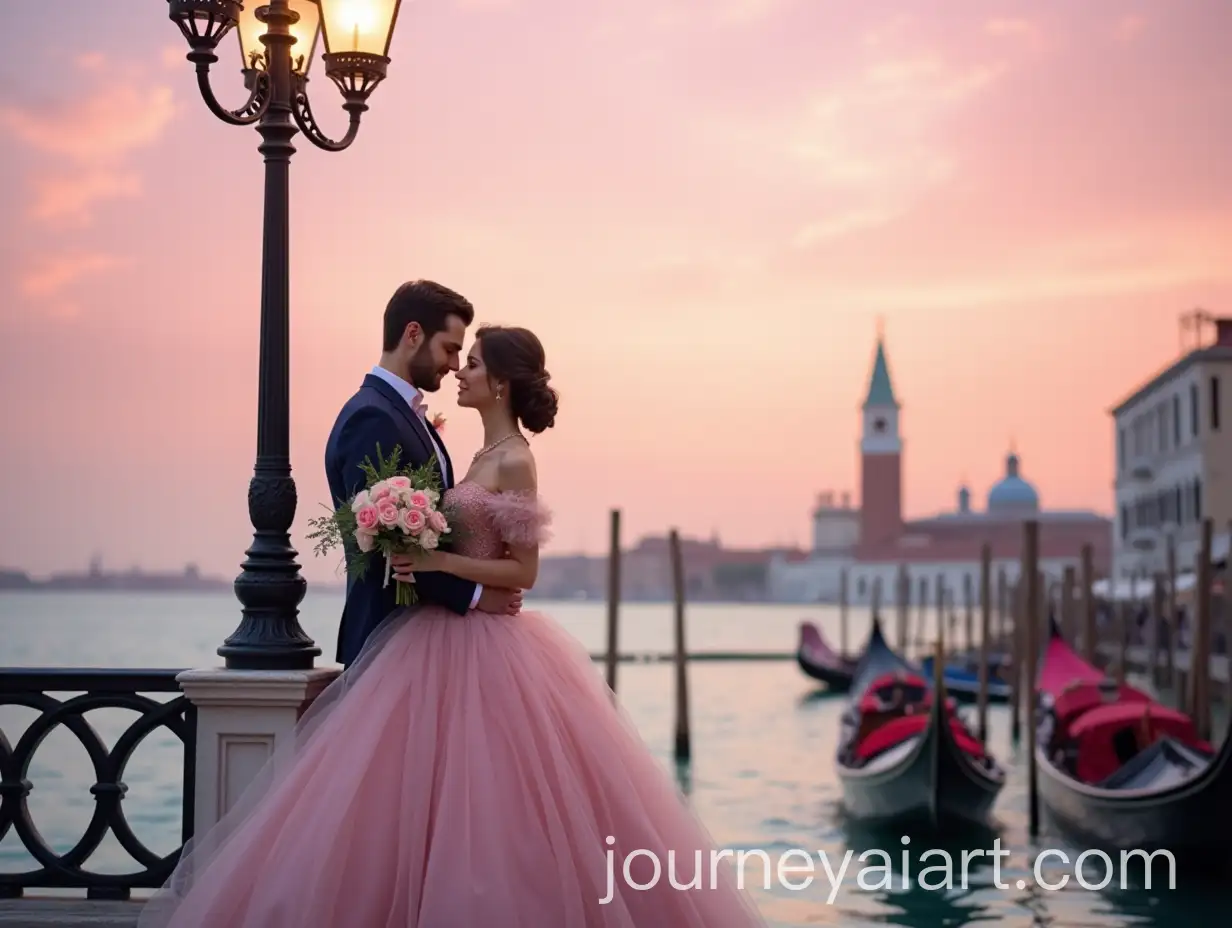 Elegant-Couple-Embracing-on-a-Venice-Bridge-at-Sunset