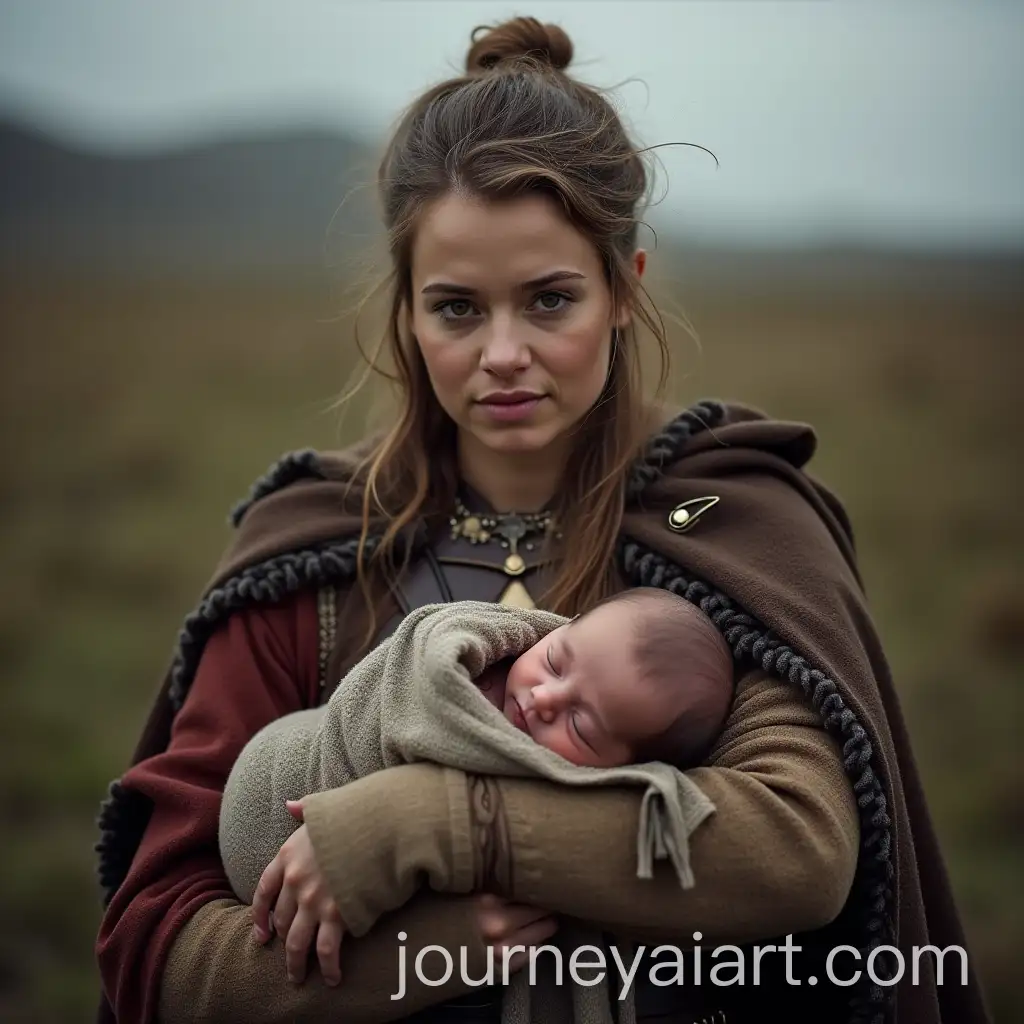 Female-Warrior-in-Scotland-Holding-Newborn-Baby-in-Traditional-Outfit