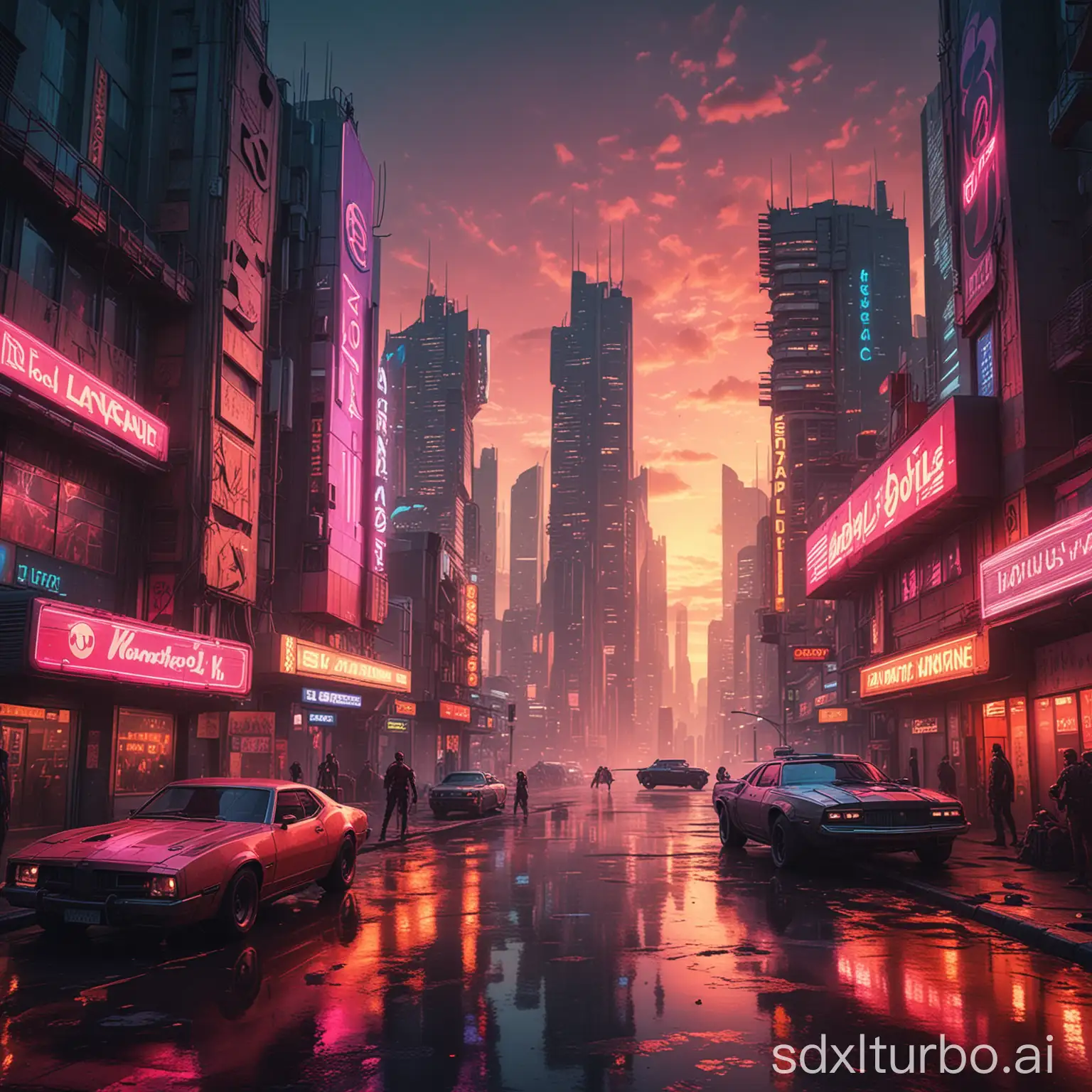 Retro-futuristic cityscape at sunset, blending 80s neon vibes with modern architecture. with Deadpool and Wolverine epic battle a cyberpunk style.