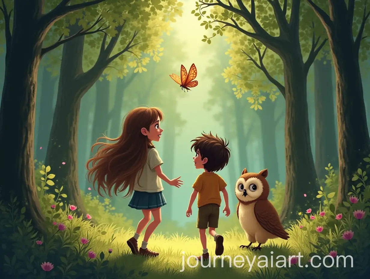 Children-Chasing-a-Butterfly-in-the-Forest-with-a-Wise-Owl-Guide