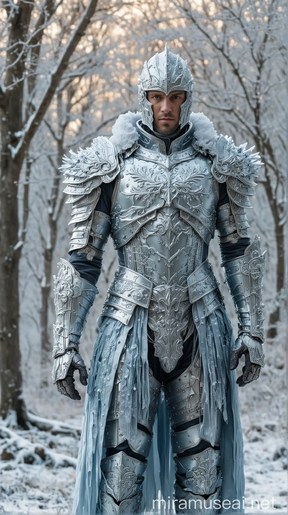 Knight in Icy Blue Armor Standing in Snowy Winter Landscape