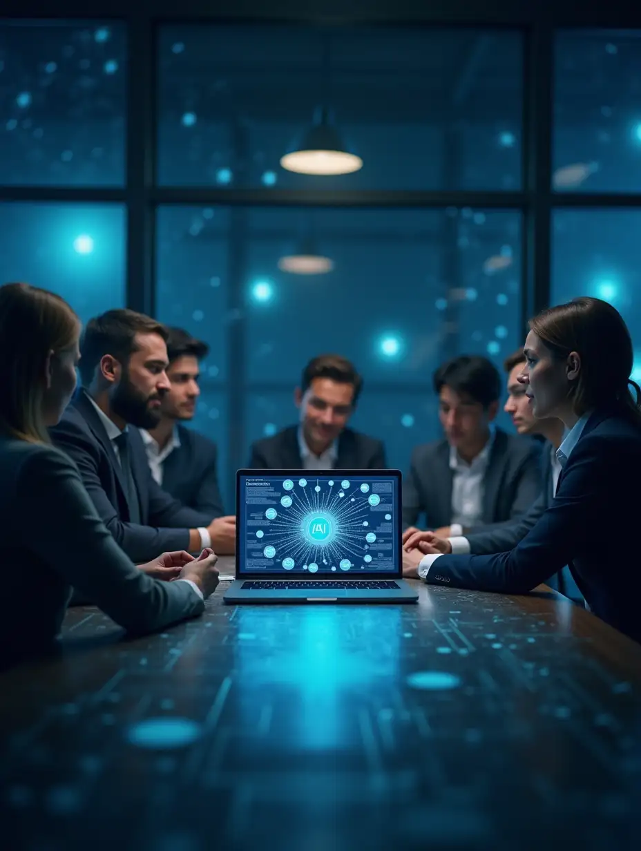 A modern office setting featuring a diverse group of professionals in a collaborative discussion. On the table, an open laptop displays a detailed diagram of various AI types, such as machine learning and neural networks. The background subtly incorporates translucent futuristic elements like glowing nodes or faint circuit patterns, symbolizing AI systems. The overall tone is professional, with deep blues and muted metallic accents to create a serious yet innovative atmosphere, ensuring enough contrast for white text overlay.