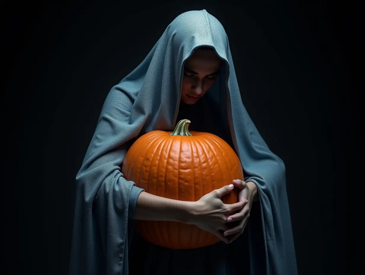 fineart portrait and low key of extreme realism and high definition in mysterious and dark ghost embracing with much sweetness a large pumpkin of hard and rough texture .The ghost is covered with a tunic of fine blue silk thread and touches of extremely realistic glitter and semi-transparent texture, with a lot of folds and moving by the breeze .Black background