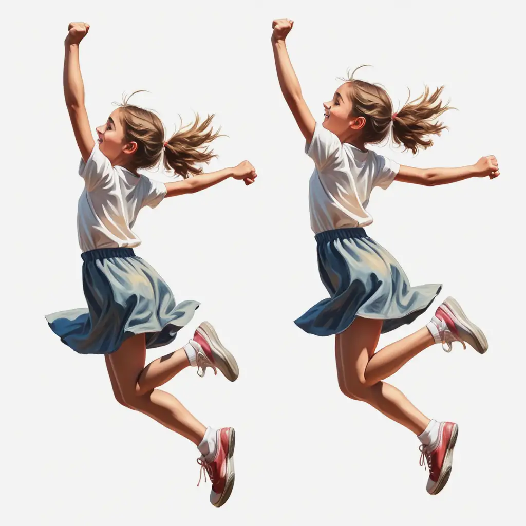 Joyful Girl Skipping and Jumping with Raised Arms Side View in Painting Style