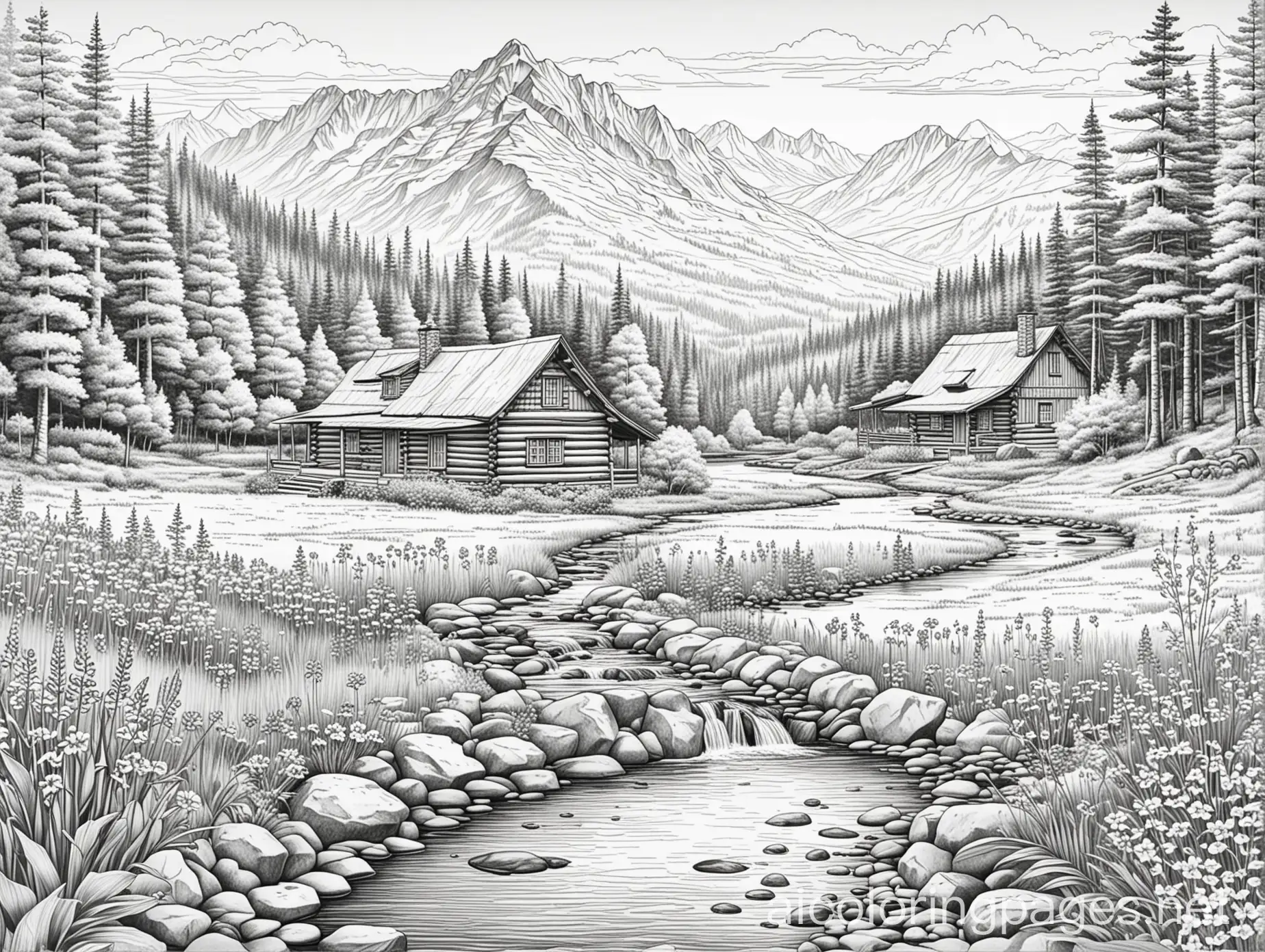 A log cabins at the foot of a mountain with a stream and flowers, Coloring Page, black and white, line art, white background, Simplicity, Ample White Space. The background of the coloring page is plain white to make it easy for young children to color within the lines. The outlines of all the subjects are easy to distinguish, making it simple for kids to color without too much difficulty