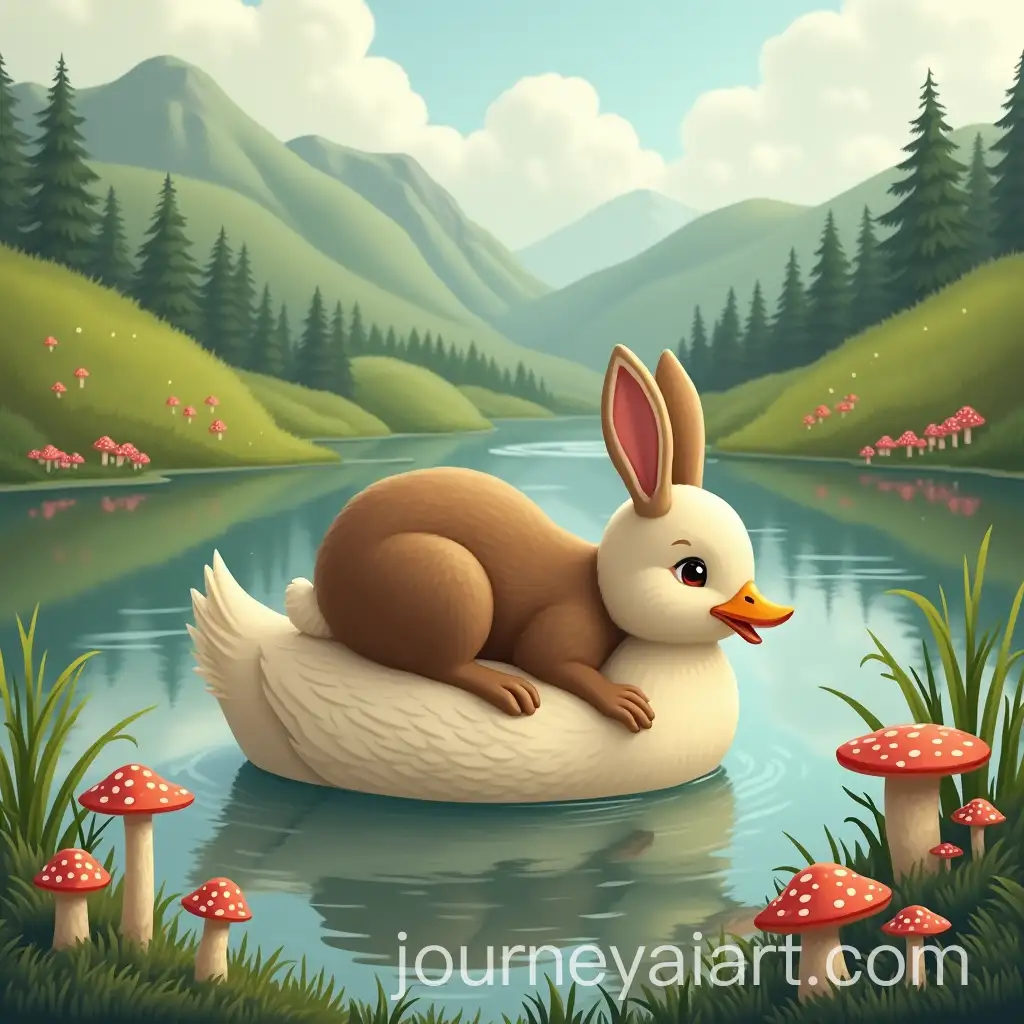 Brown-Rabbit-Resting-on-Ducks-Back-in-Peaceful-Green-Hills