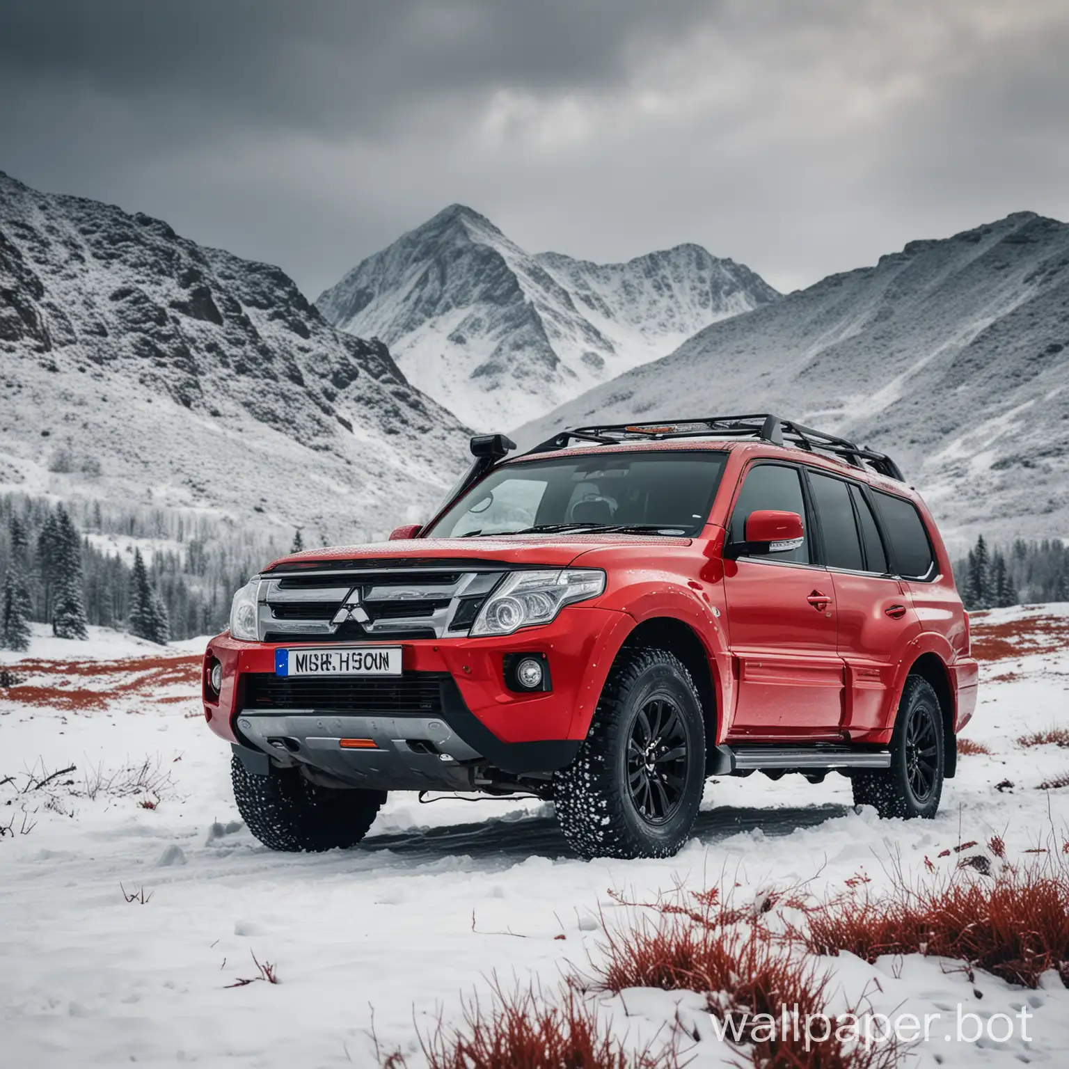 MITSUBISHI SHOGUN IN THE SNOW MOUNTAINS RED