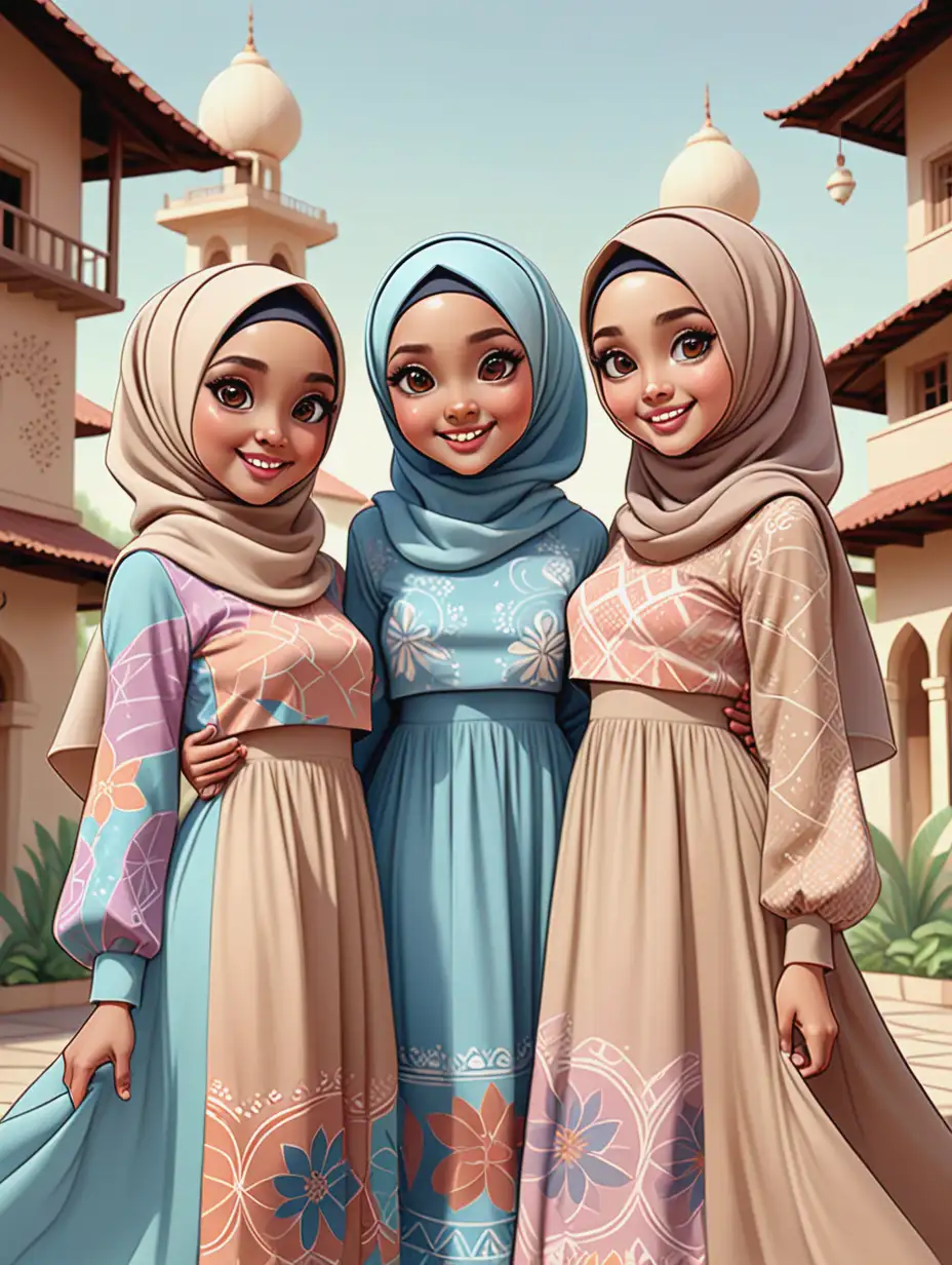 Cheerful-Cartoon-Girls-in-Elegant-Hijabs-and-Pastel-Dresses