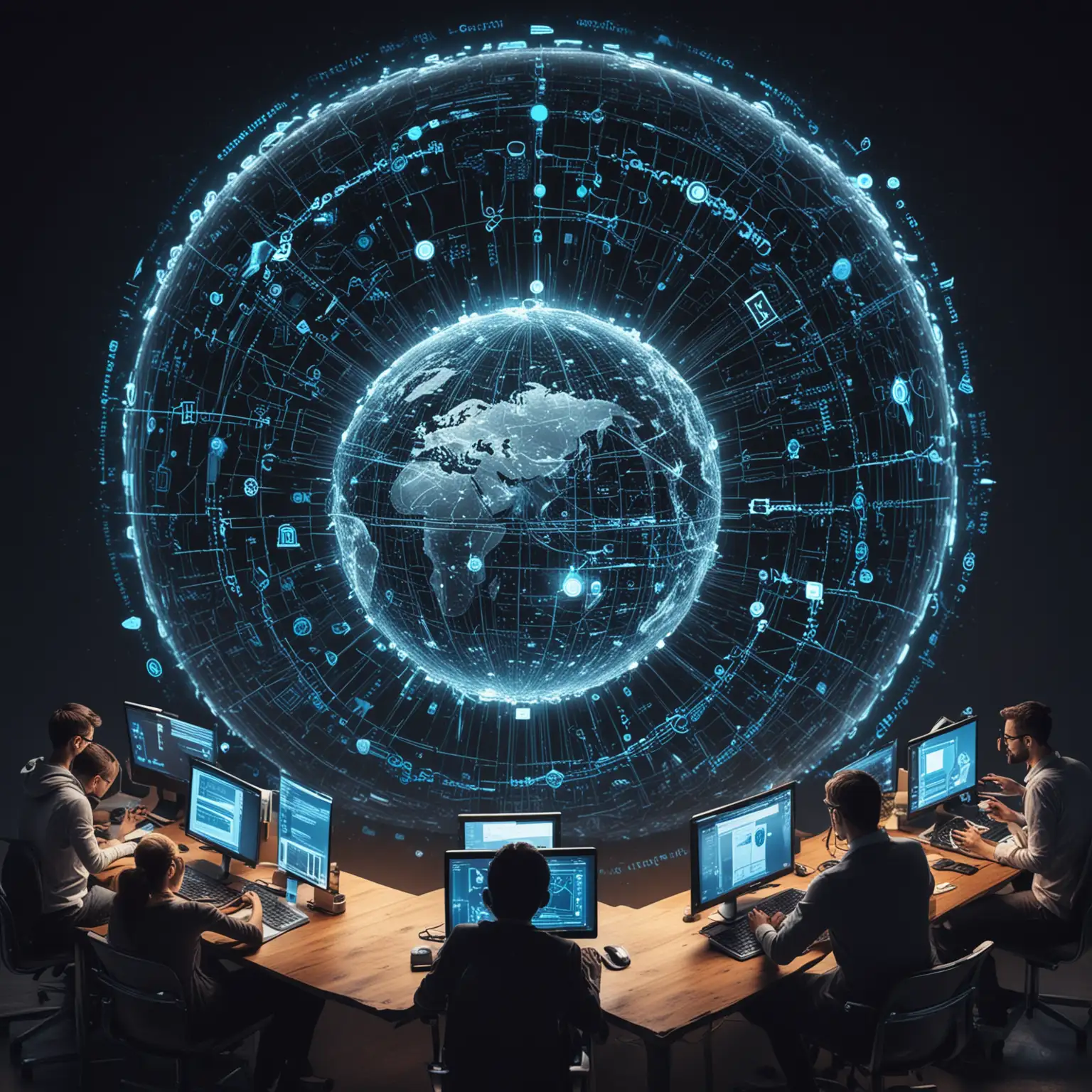 An image symbolizing the critical role of cybersecurity in the digital age: a glowing globe made of interconnected data streams, with multiple digital locks and shields surrounding it. In the foreground, a diverse group of people working on laptops and devices, while lines of code and security symbols float around them. The atmosphere conveys protection, vigilance, and connectivity, with a color palette of cool blues, silver, and neon highlights, representing the secure flow of global information.