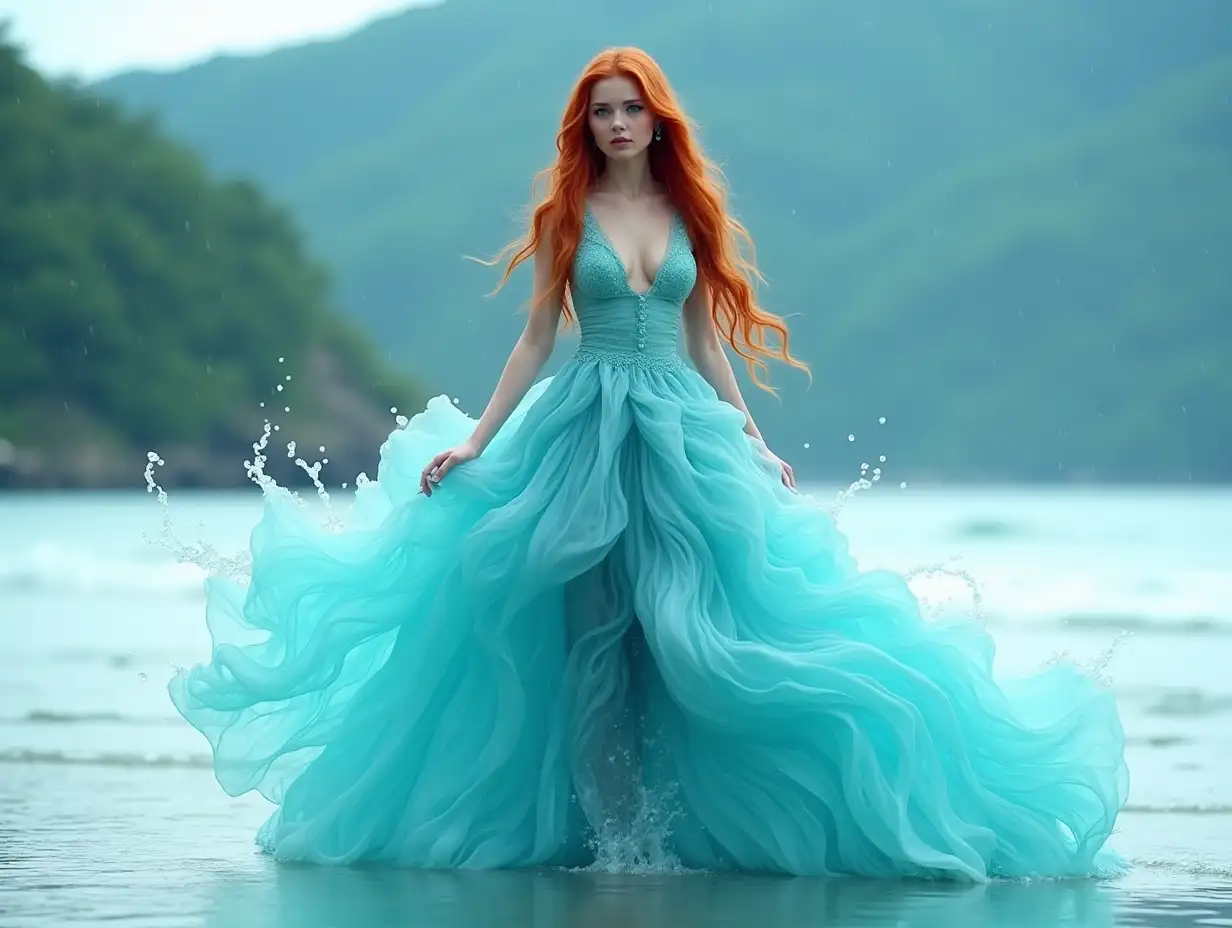 user_prompt: Stunning and surreal image of a red-haired girl wearing an intricate aqua dress made entirely of water waves, creating a mesmerizing and visually stunning effect. The girl is shown in a graceful pose on the beach, and the water seems to rise to her chest, covering her body in a large way. This image can be created using the following vector. Woman in an elaborate aqua dress made entirely of water waves, thick and long hair, blue eyes, green mountains behind the sea, rainy weather, beautiful body, design by Dmitry Kostanovich, Photoshop, Felicia Semyon, UHD photo, Ekaterina Panikanova, bright and shiny, HDR, dynamic mode, 32 kb, sharp focus, illustration. by Sasan.