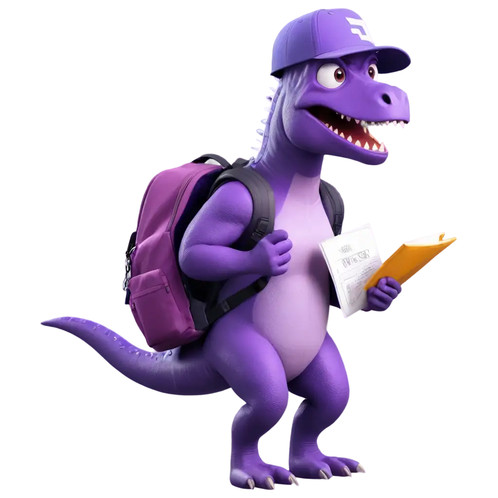 Purple-TRex-Dinosaur-PNG-with-School-Cap-Backpack-and-Flying-Papers-Fun-and-Playful-Illustration