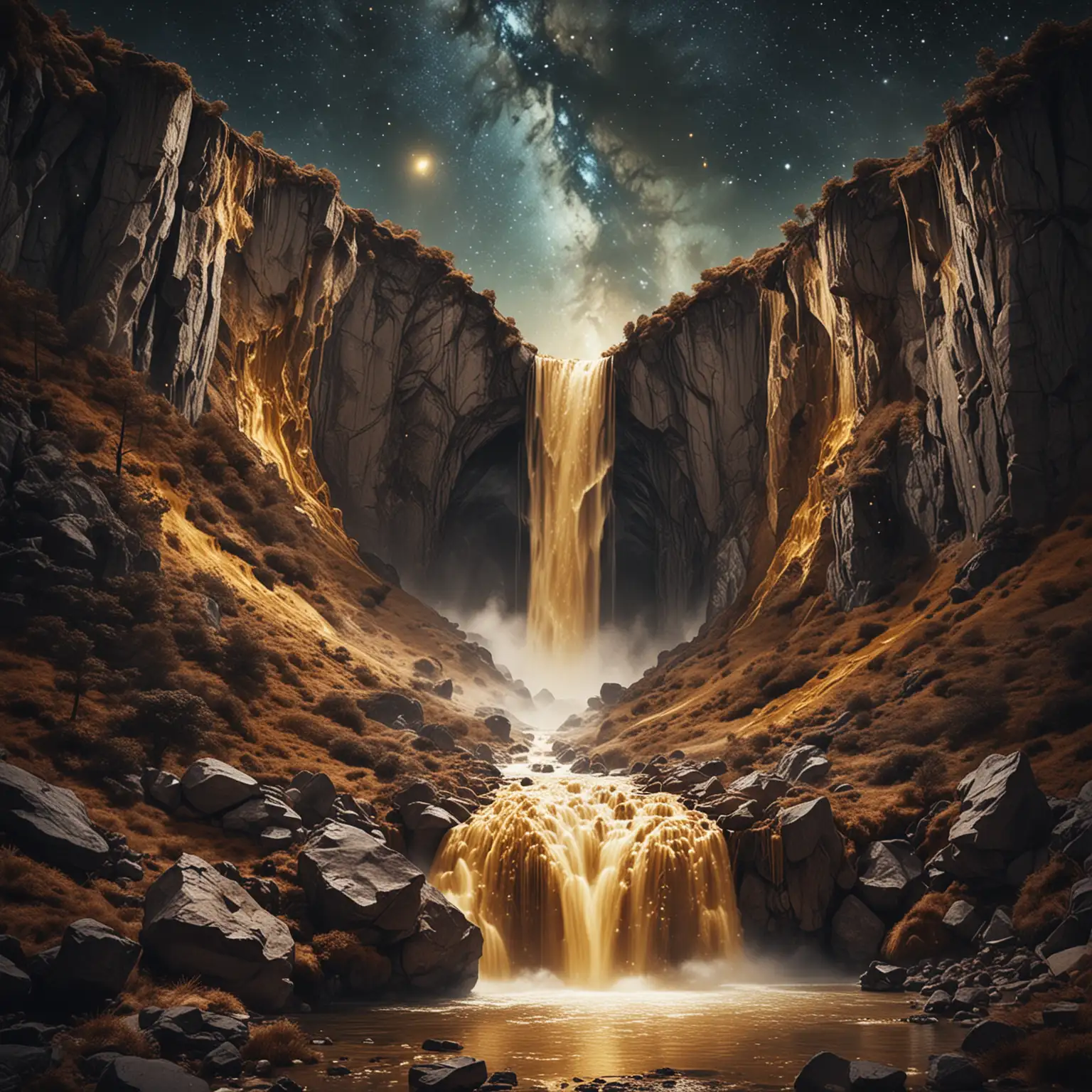 Golden Liquid Waterfall Surrounded by Cosmic Mountains