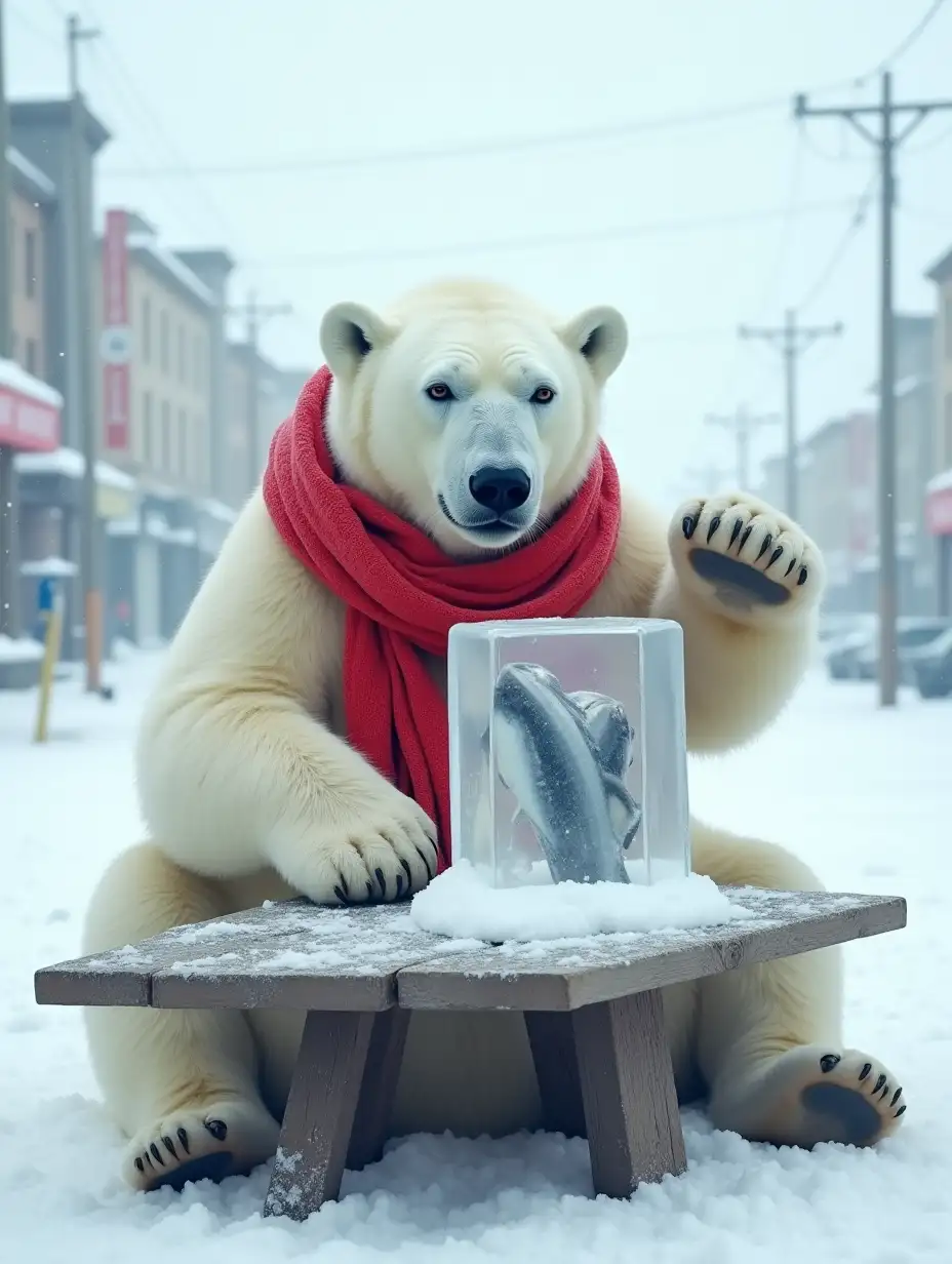 A Photo of a huge polar bear with very white fur is sitting at a table on a snowy street. The bear is wearing a bright red warm scarf. The bear cries. On the table in front of the bear is a huge transparent cube of ice with frozen fish. The bear propped his head up with one paw and looked sadly at the ice cube. The polar bear has a very sad expression on his face, with jealousy and boredom in his eyes. The whole scene conveys a melancholic. White Background.