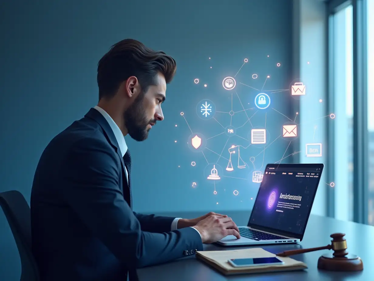 A realistic male lawyer sitting on the left side of the image at a modern digital desk, wearing a formal dark suit and tie, focused and working on a laptop. The laptop screen shows a professional law firm website. Around him, floating semi-transparent digital icons: contact form, appointment calendar, message/chat icon, justice scale ⚖️, a pie chart and bar graph, glowing holographic folders, a fingerprint scan, digital contract document, and a secure padlock. On the desk are a smartphone, a tablet, a legal book, a glowing Persian-style law firm logo in deep purple-blue, connected by glowing lines to suggest interconnectivity. The background is a clean modern minimalist office or abstract digital space, with network and cloud symbols subtly floating in the sky to reflect an online presence. Strong use of legal elements like books, gavel, documents, and scales of justice, combined with tech elements like data charts, biometric icons, and digital UI. Color palette: deep indigo/purple-blue (matching the logo), white, light gold, cool bluish accents. **The ENTIRE right side of the image is clean, completely empty, and intentionally devoid of ANY elements. Maximize the blank space on the right for text or graphic additions.**