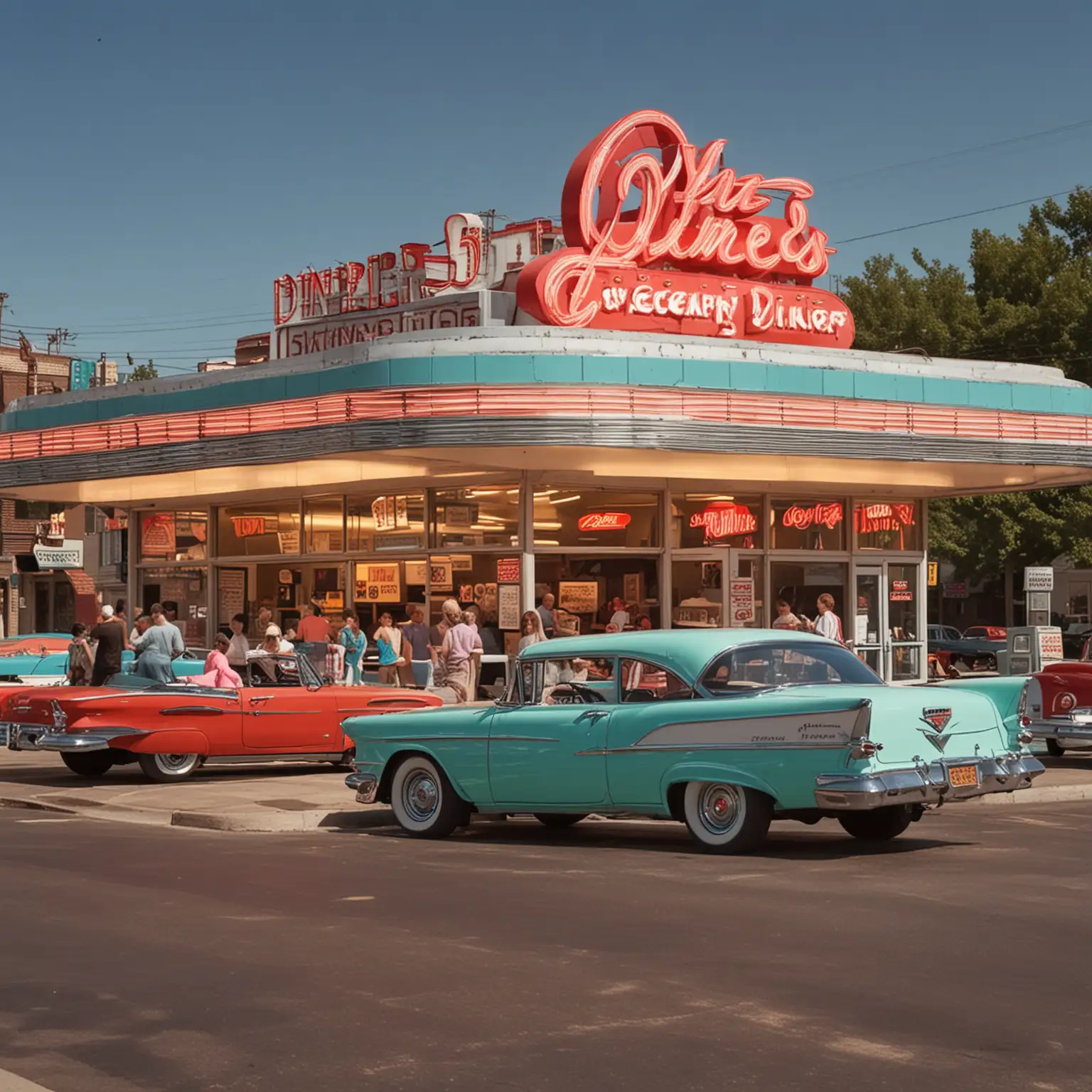 1950s Diner Exterior with Vibrant Colors Perfect for a Postcard