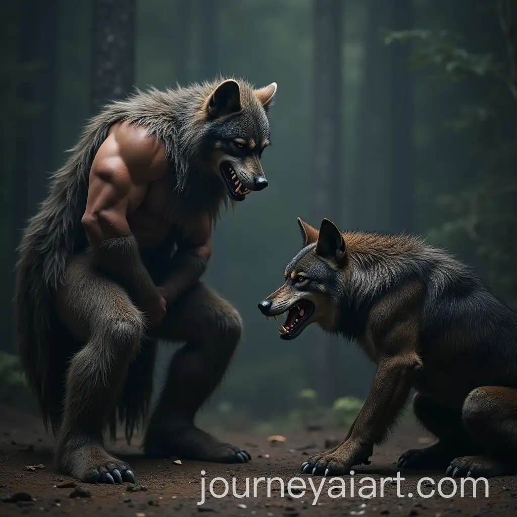 Muscular-Man-in-Werewolf-Costume-Controlling-Real-Werewolf-with-Mind-Control-Chip
