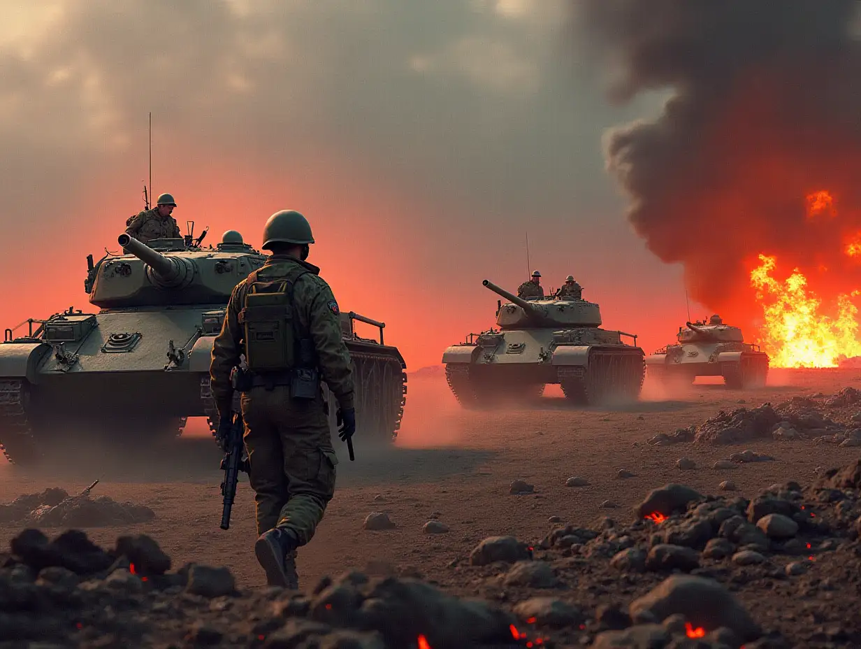 chaotic scene of military conflict: explosions, burning tanks and soldiers in action, all in a hyperrealistic, gritty style. soldiers in camouflage, armed and engaged in a battle, are in the foreground, interspersed with tanks and the aftermath of explosions. The tanks are rendered with a detailed focus, showing the metal and tracks.  The background includes a backdrop of a red, war-torn landscape, with heavy use of shadow and highlights that convey the trauma. The colors include muted tones of grey, brown, black and burnt orange, with flashes of vivid explosions. emotional statement, with the artwork having an impressionistic quality to heighten the drama of the scene.