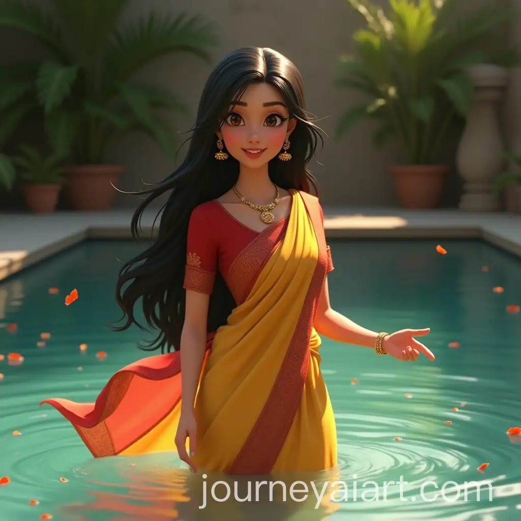 Young-Woman-in-Traditional-Indian-Sari-Standing-in-Pool-with-Floating-Flower-Petals