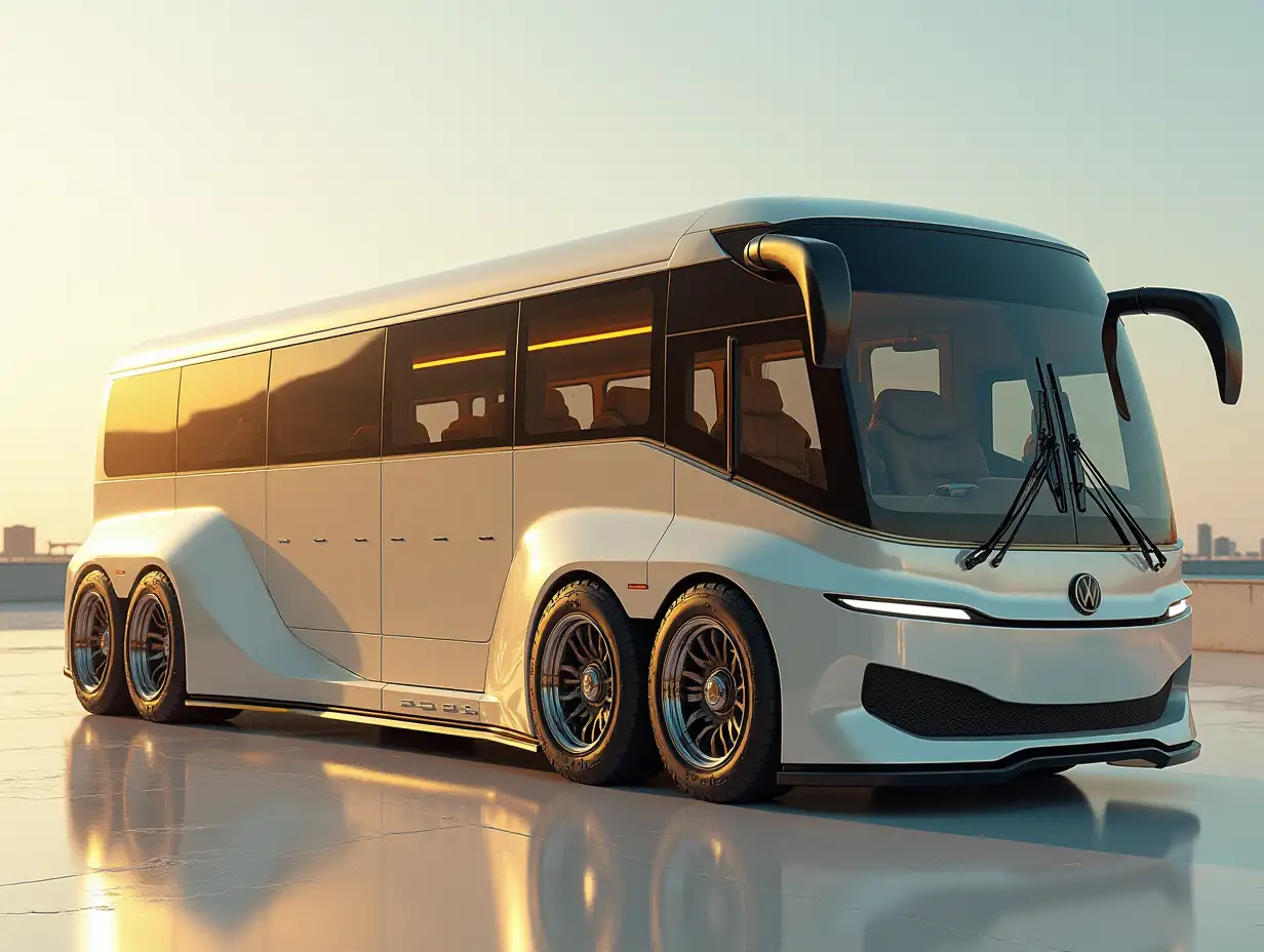 A supermodern utopian sports bus with gears, lowered body, 18-inch rims, aluminum wheels, creamy white gold, Cyberpunk.