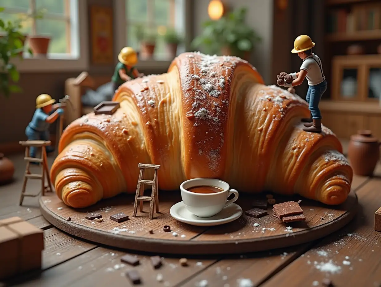 A tiny world workers are assembling a giant croissant with cup of coffee, using ladders to place chocolate, cranes lifting Nutella and coffee , a café  in the background, ultra-detailed, hyper-realistic textures, cinematic lighting, cozy french vibes.