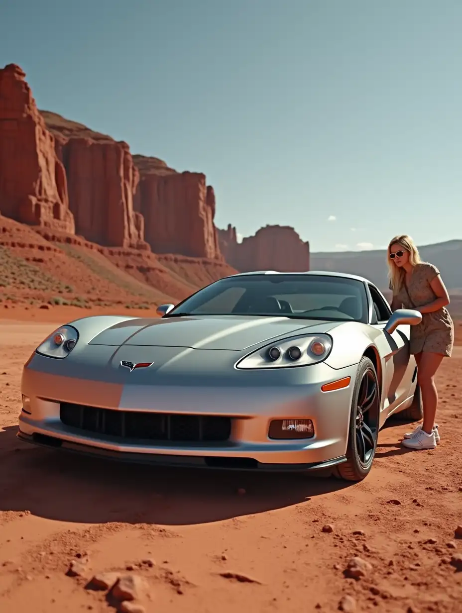 Chevrolet Corvette Coupe c6 silver colored , side front view, on Mars , attractive older woman getting out