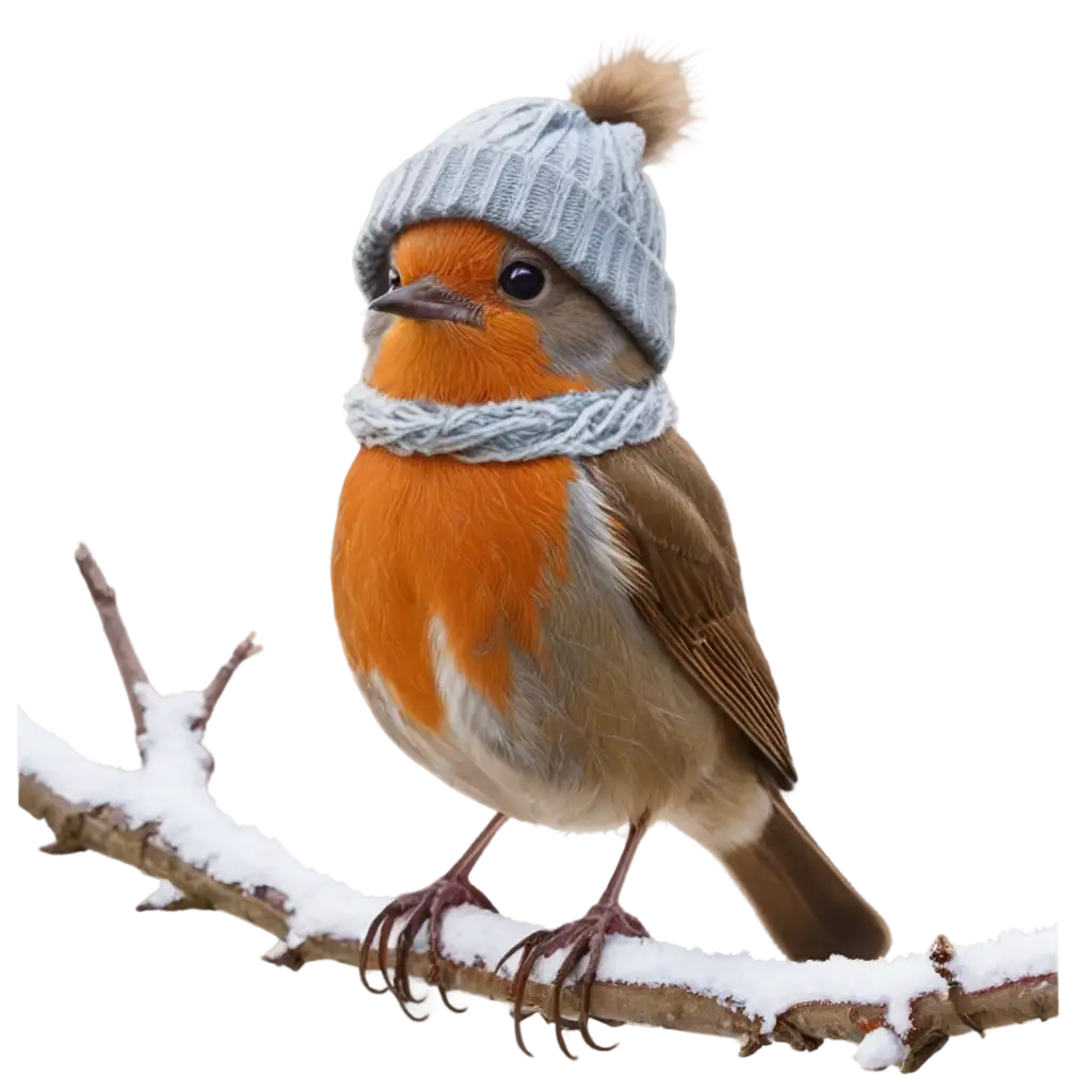 A robin sitting on a snowy branch wearing a woolly hat and scarf