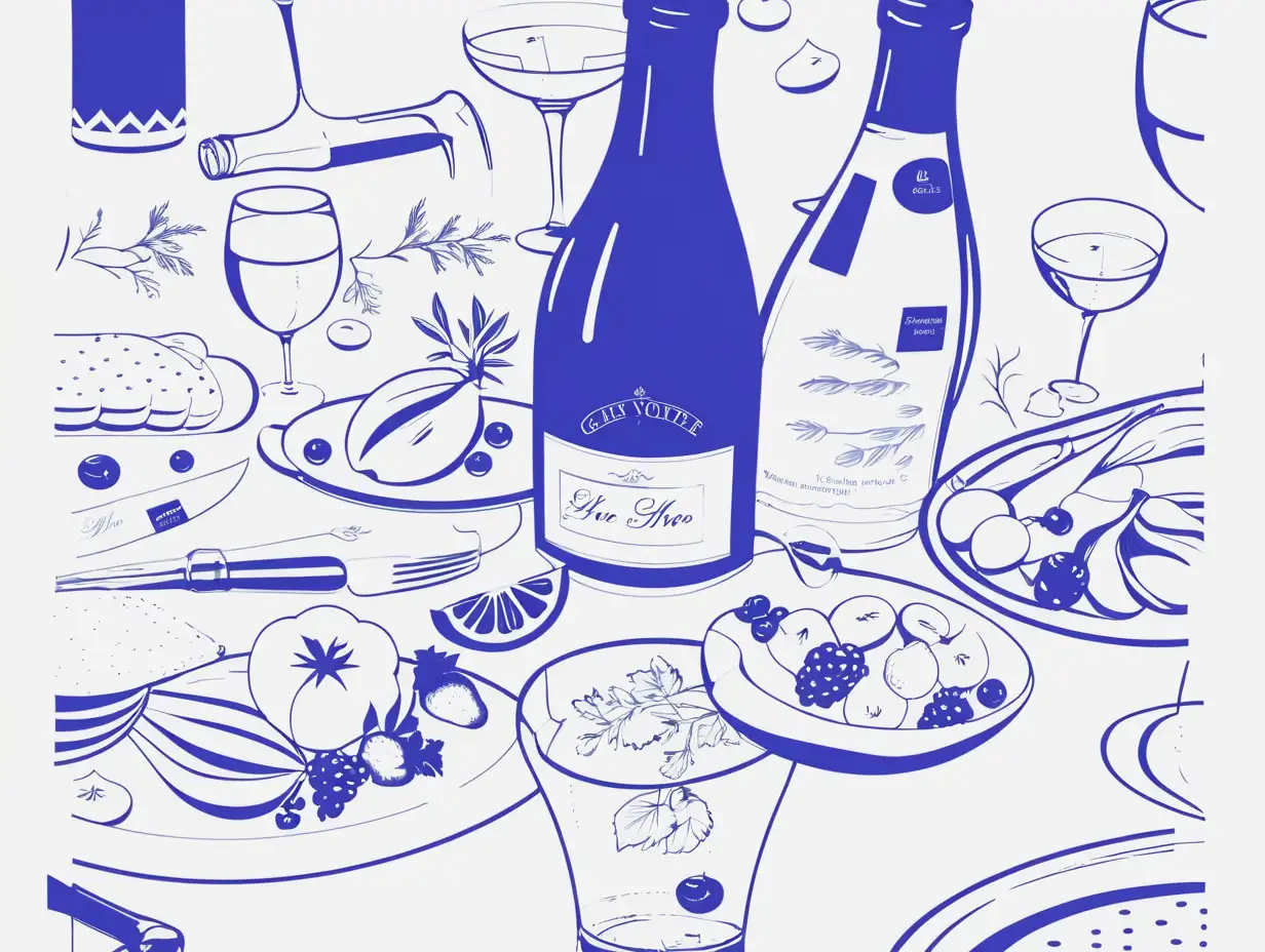 Flat Wallpaper Design White Background with Blue Glassware Wine Bottles and Fresh Produce