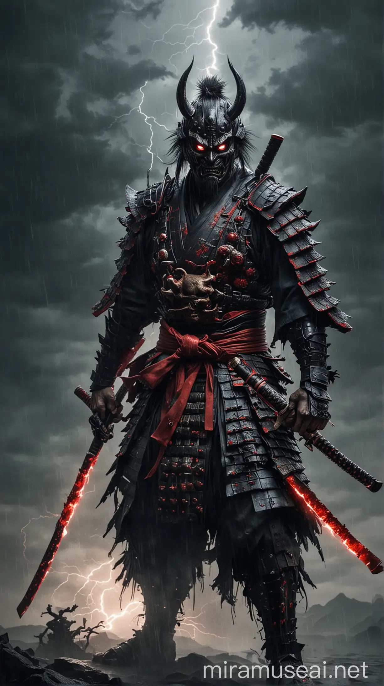 Sinister Samurai with BloodRed Katana in Stormy Night