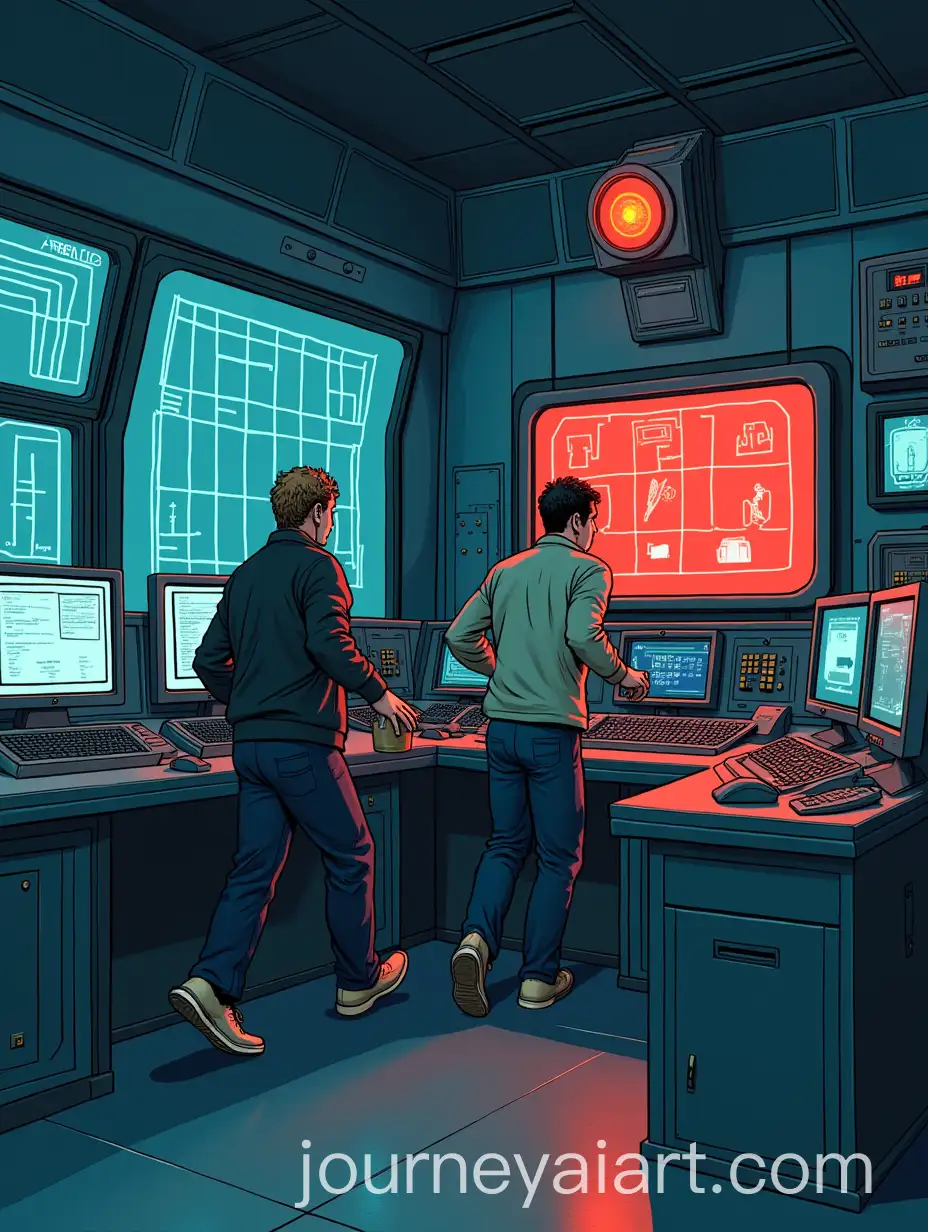 FrancoBelgian-Comic-Style-Illustration-of-People-in-a-HighTech-Control-Room-with-Flashing-Alarm