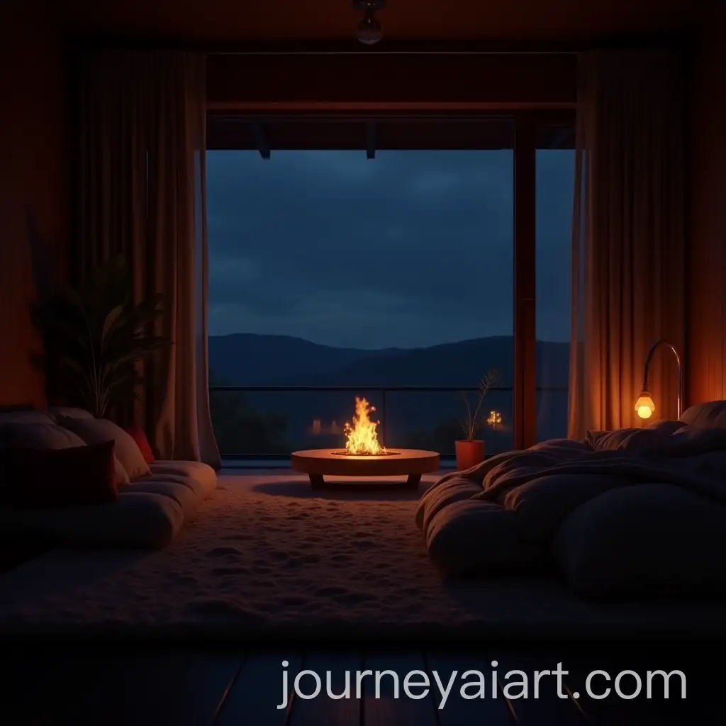 Cozy-Nighttime-Bedroom-with-Ambient-Fire-Pit-and-Large-Window