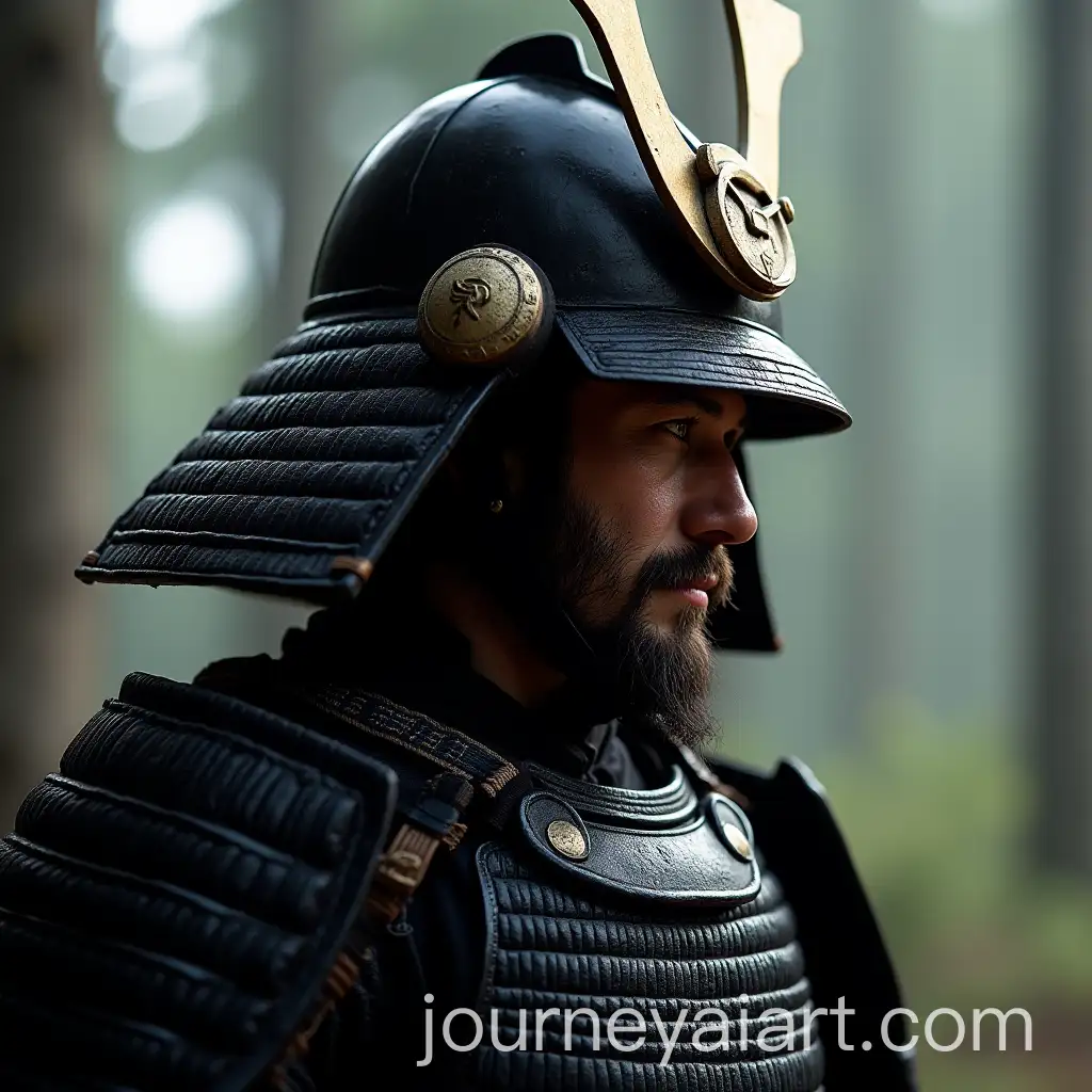 Samurai-in-Black-Armor-and-Helmet-Looking-Sideways