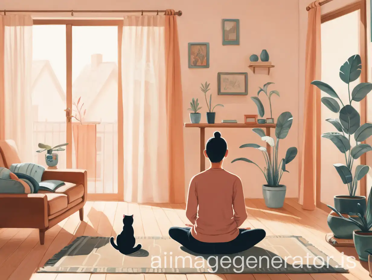 Meditation-in-a-Quiet-Living-Room-with-a-Lazy-Cat