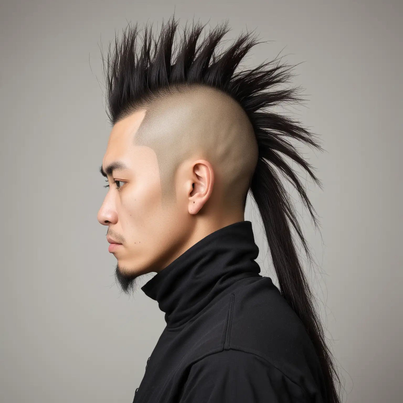 Portrait of Japanese Man with Shaved Head and Giant Mohawk