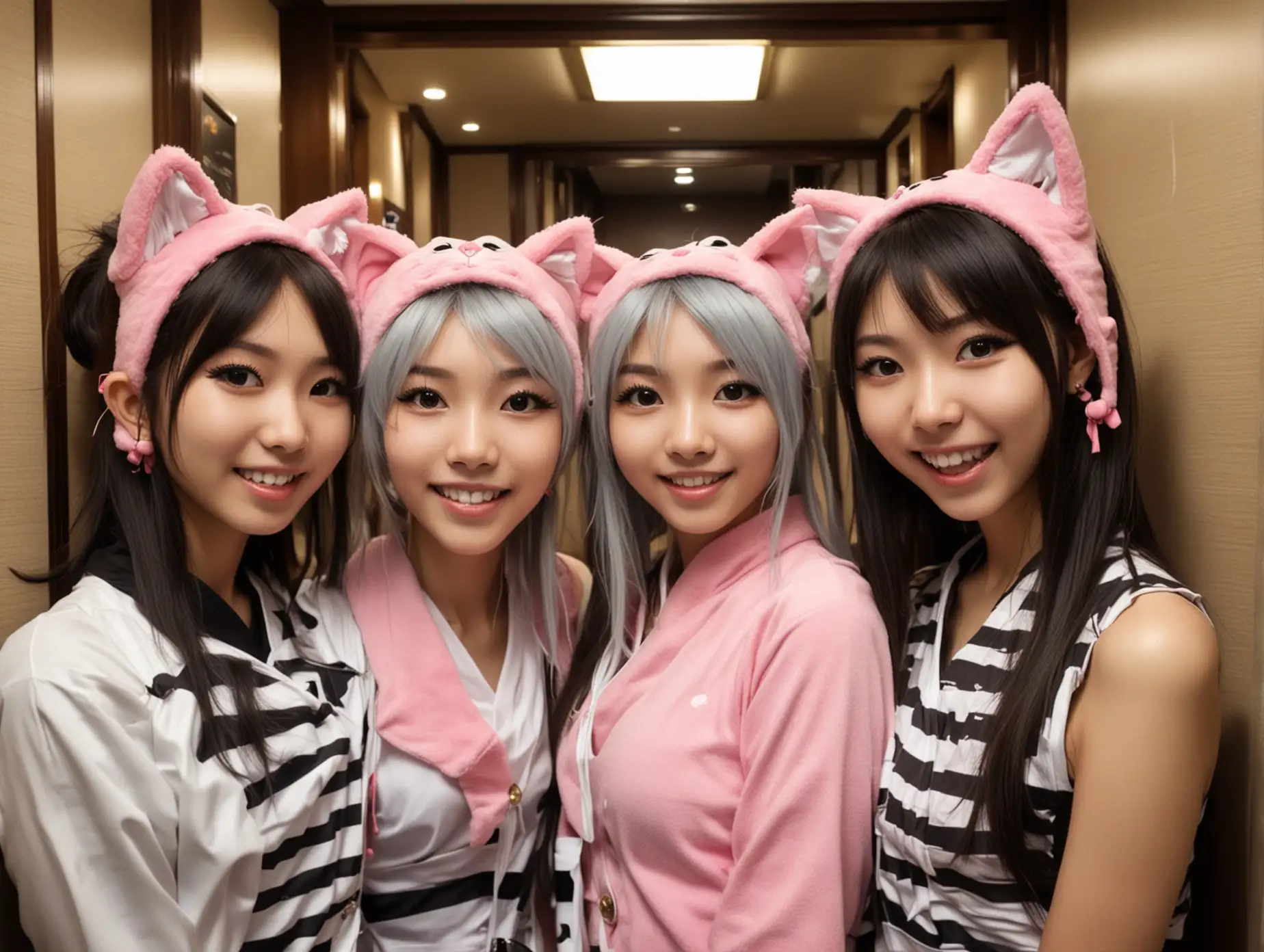 faces of three very skinny adorable 19-year-old Chinese girls in cat cosplay in a hotel elevator, overflowing with playful joy