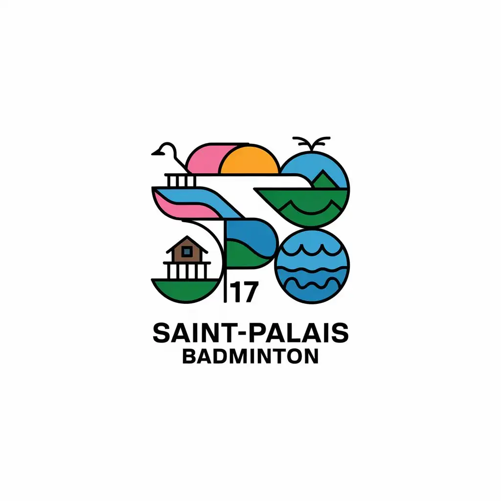 LOGO Design for SaintPalais Badminton Geometric Coastal Rocks Sunset and Seagull with Badminton Racket Theme