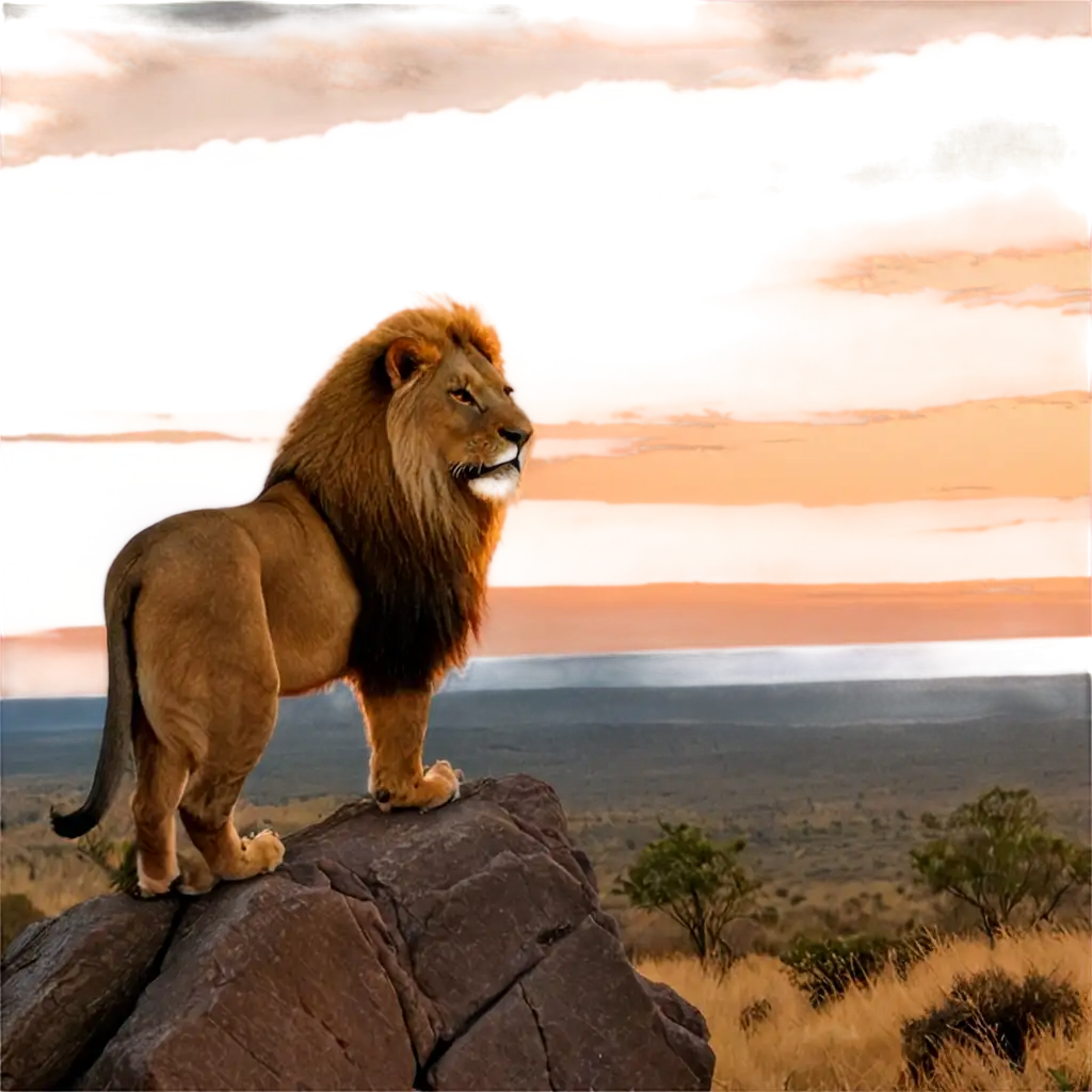 Majestic-Lion-with-Flowing-Mane-on-Rocky-Outcrop-PNG-Image-Sunset-Over-Golden-Savanna