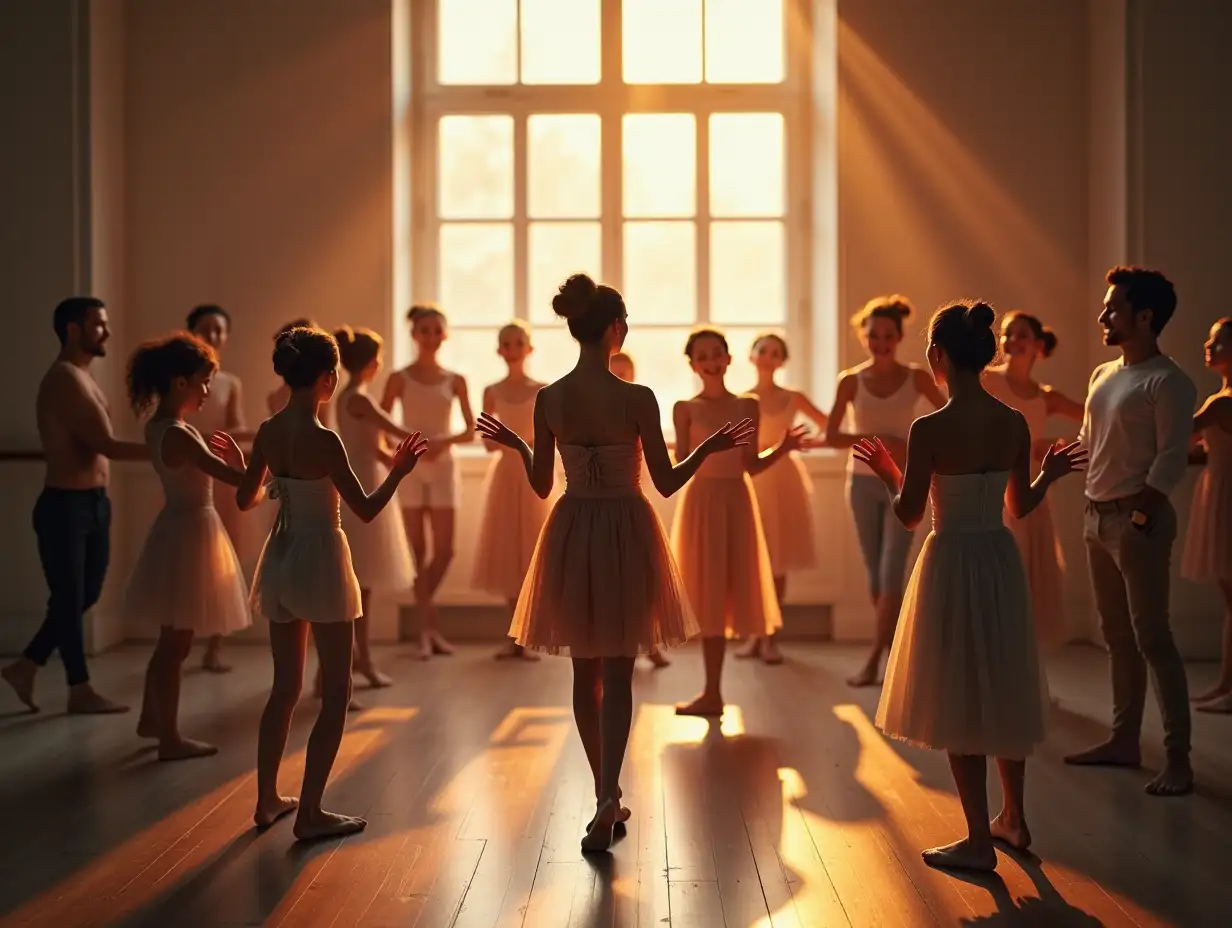 Draw a warm atmosphere in the studio where soft and dim light reflects from the big window. In front of the picture, there is a dance teacher and a group of senior students dancing together, bowing to the audience. Everyone is smiling with joy. The students and teachers are wearing graceful and elegant dance clothes.