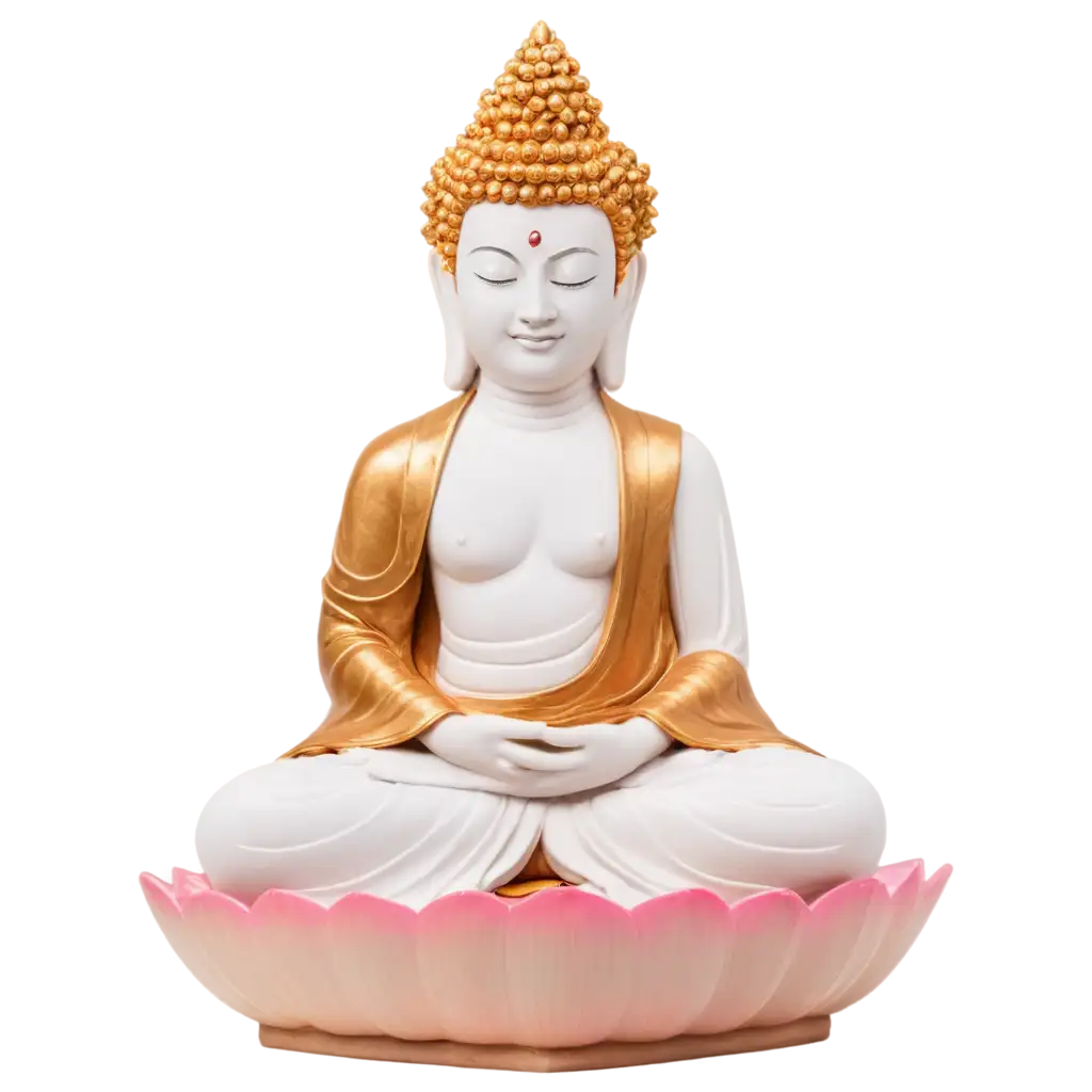 White-and-Orange-Buddha-Statue-PNG-with-Golden-Head-on-Pink-Lotus-Ideal-for-Creative-Projects