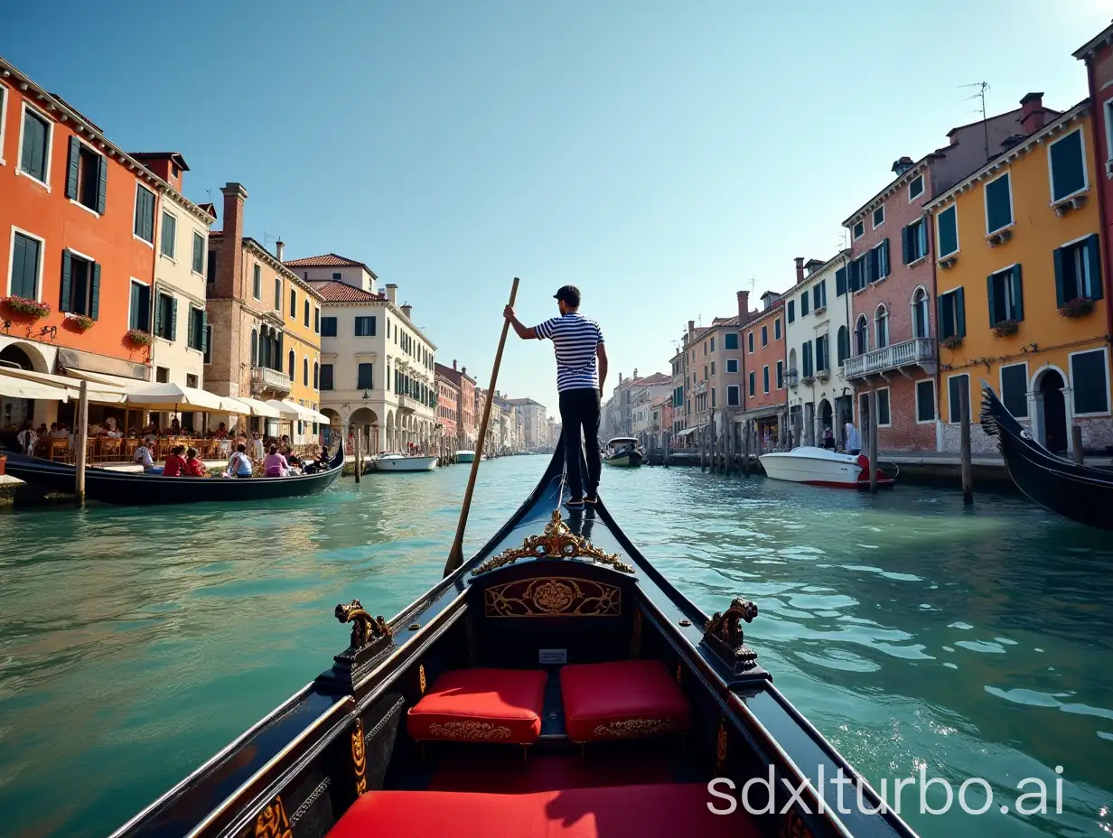 Venice by gondola, gondoliere standing on boat, view from boat, photo, 8k