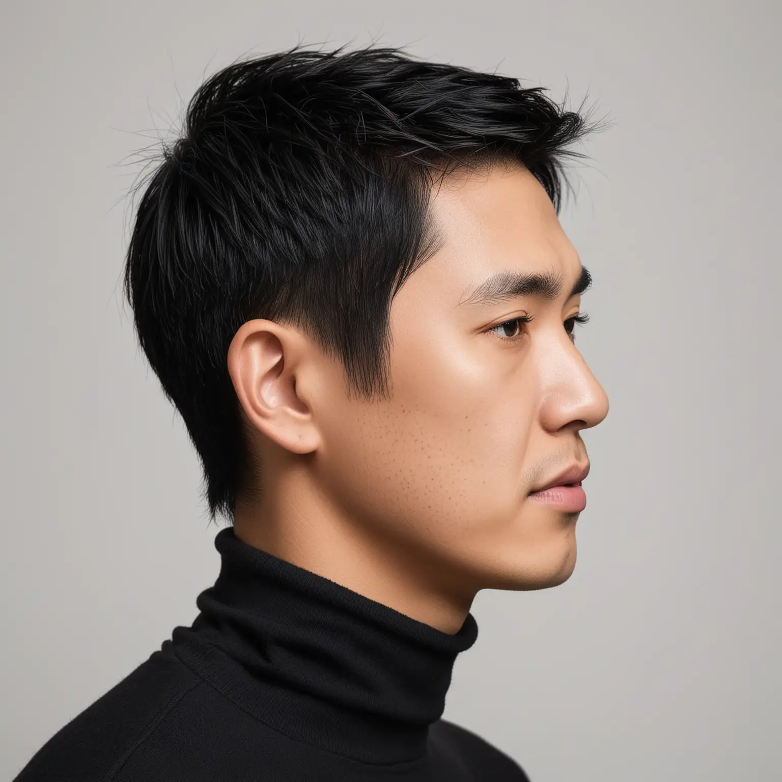 Side Profile Portrait of Asian Man with Short Black Hair and Black Turtleneck on White Background