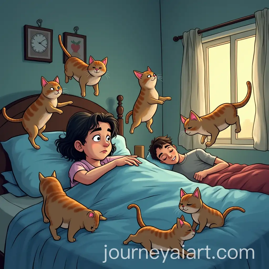 Woman-Struggling-to-Sleep-While-Mischievous-Cats-Cause-Chaos-at-430-AM