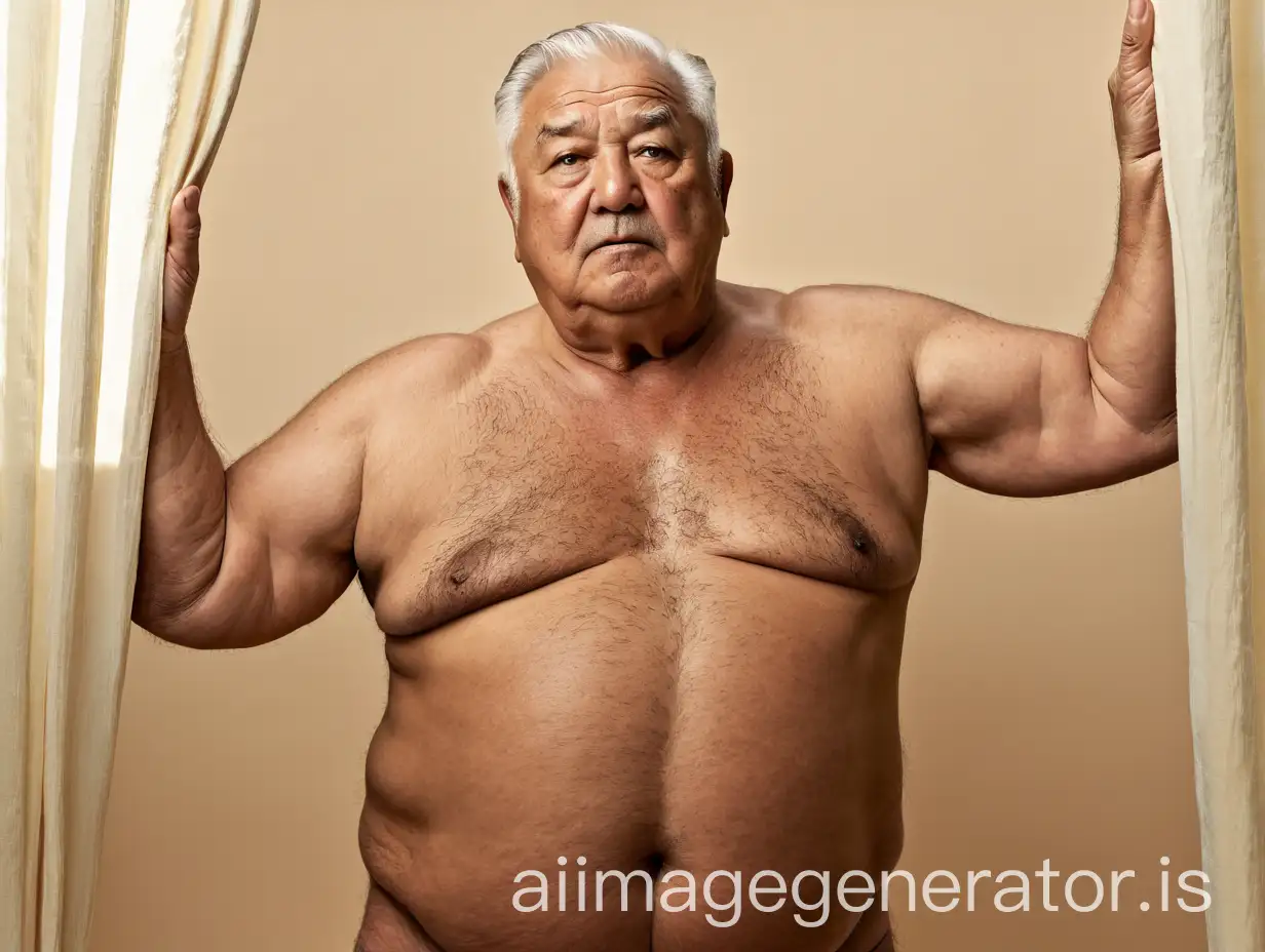 Chubby-Elderly-Man-in-DramAI-Image-Prompt-Expansionatic-Lighting-with-Minimal-Attire-on-Cream-Background