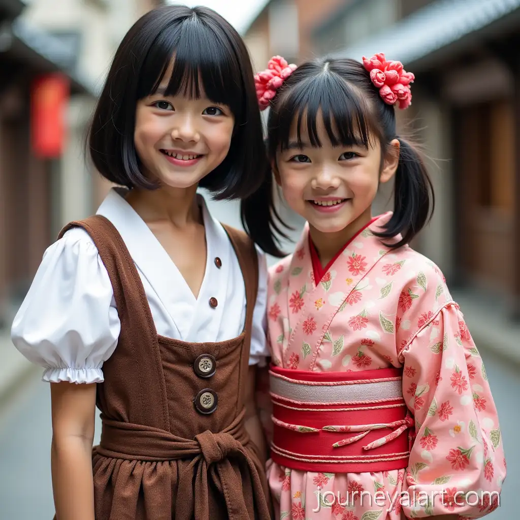 Two-Young-Japanese-Girls-in-Kimono-and-Short-Munich-Dirndl-Fashion-Outfit