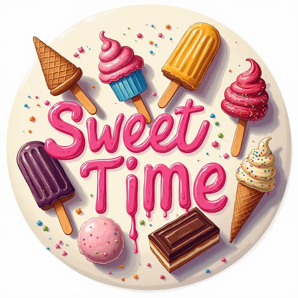 Oil painting. Create a bright round drawing, the drawing should be in the form of a circle, in the picture, ice cream, cake, sweets, chocolate, a drawing on a summer theme with the text 'SWEET TIME' highlighted in bold in bright letters. The letters should be handwritten in a playful style, with the effect of drops imitating melted ice cream. The background should be a light pastel color with a delicate texture, such as linen. Decorate the text with various types of ice cream, including popsicles, cones and bars covered with colorful syrups and sprinkled with sequins. Ice cream should be realistic, melting to the touch, with a detailed texture and bright colors. The overall style should be carefree and cheerful, with an emphasis on summer sweetness.