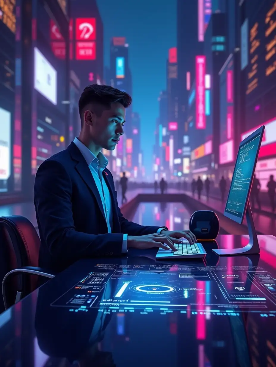 A vibrant, neon-lit digital workspace in a futuristic cityscape, where a stylish young lawyer in a sharp suit works at a holographic desk...