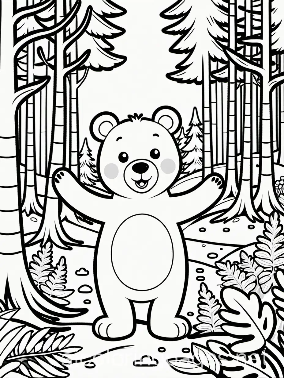 Happy-Bear-Coloring-Page-in-Forest-Setting