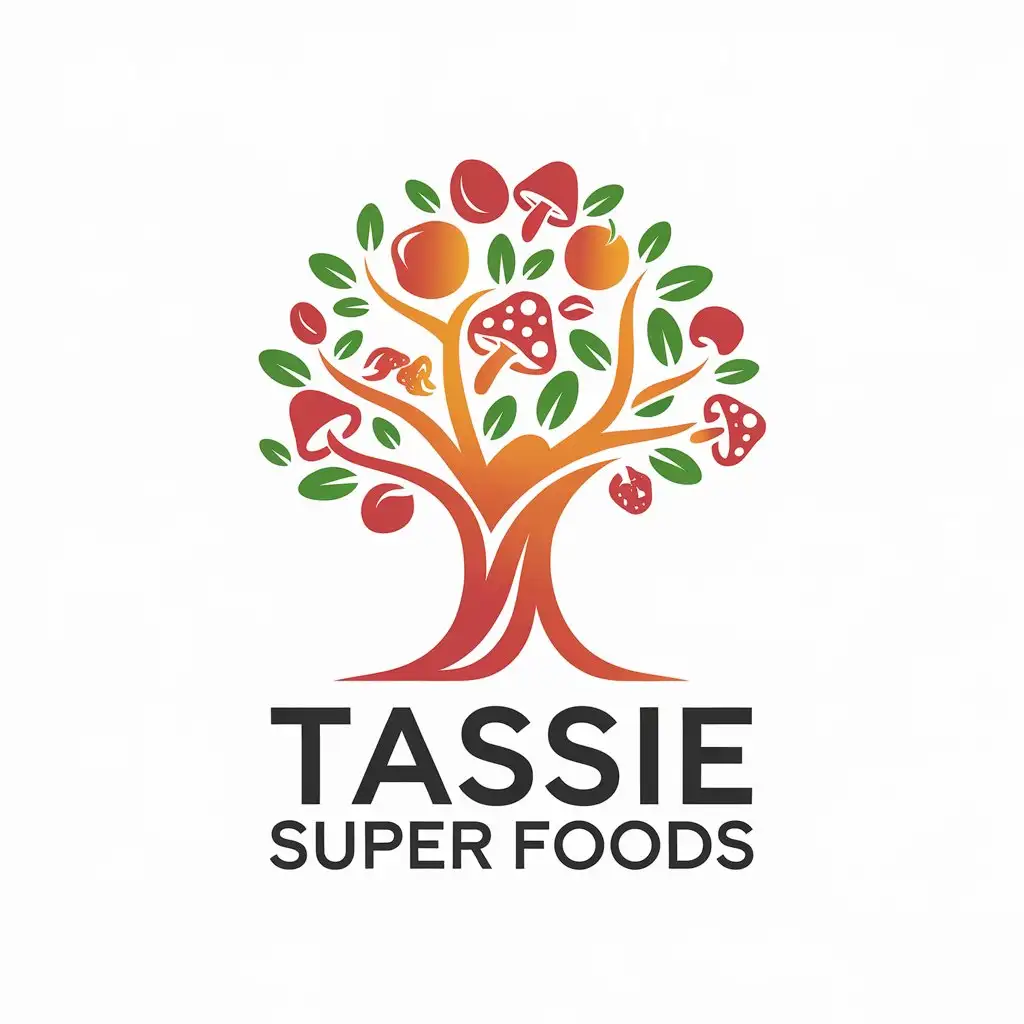 LOGO Design for Tassie Super Foods Vibrant NatureInspired with Fruits and Mushrooms Symbolism