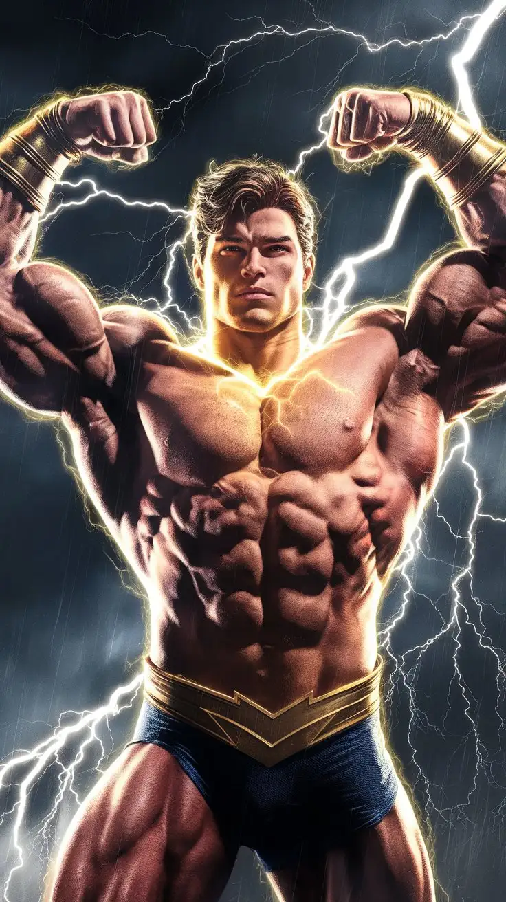 Supercharged brawn. Herculean powers. Golden electric glow. 18 years old. Superhero. Flexing triumphantly in a lightning storm. Photorealistic.