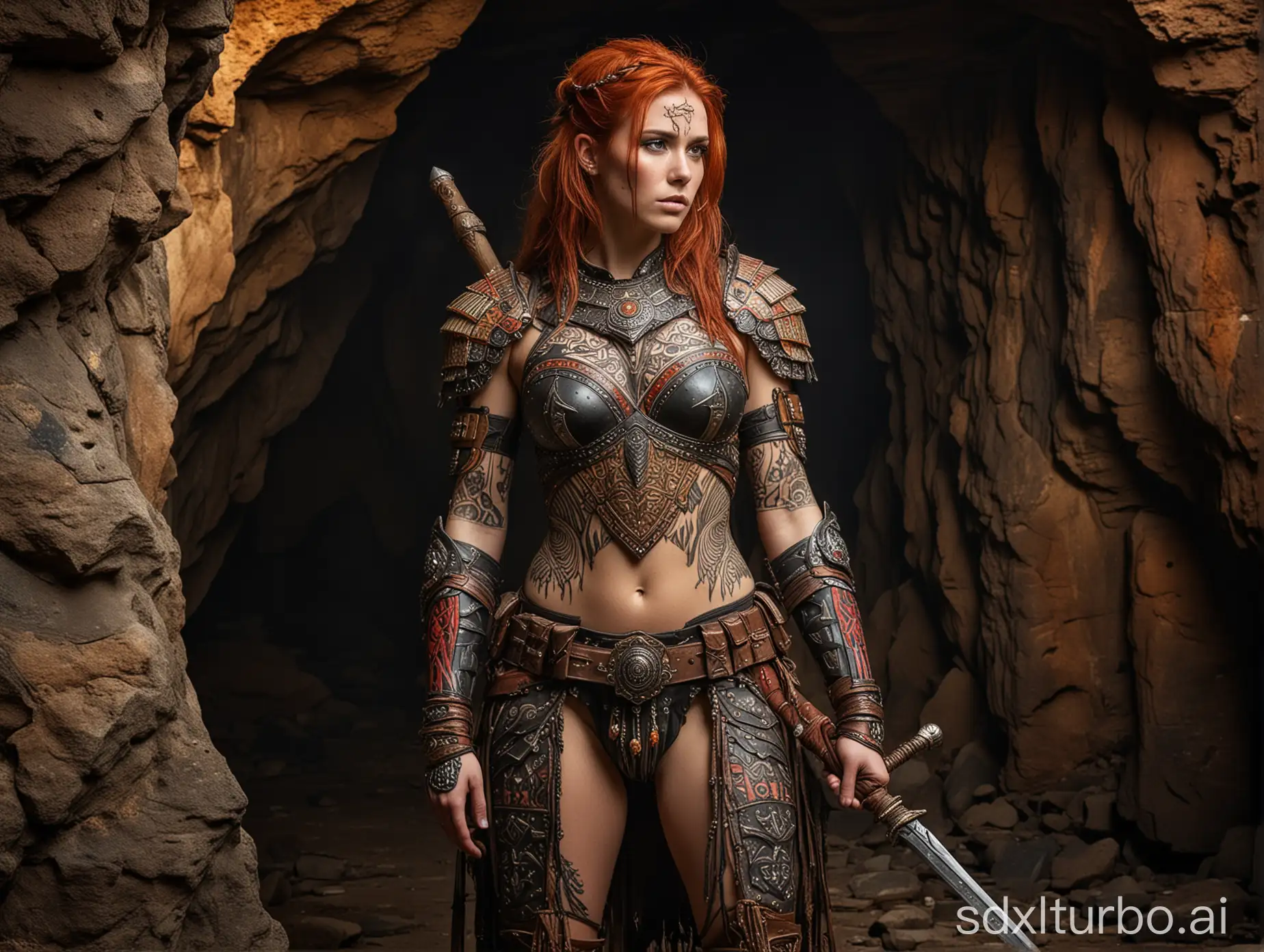 Intense-Young-Woman-in-Tribal-Bone-Armor-Amidst-Cave-Ambiance